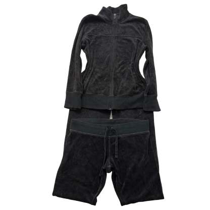 Juicy Couture Black Velour Tracksuit Set Zip Up Jacket & Flared Pants Y2k Size M-Coordom