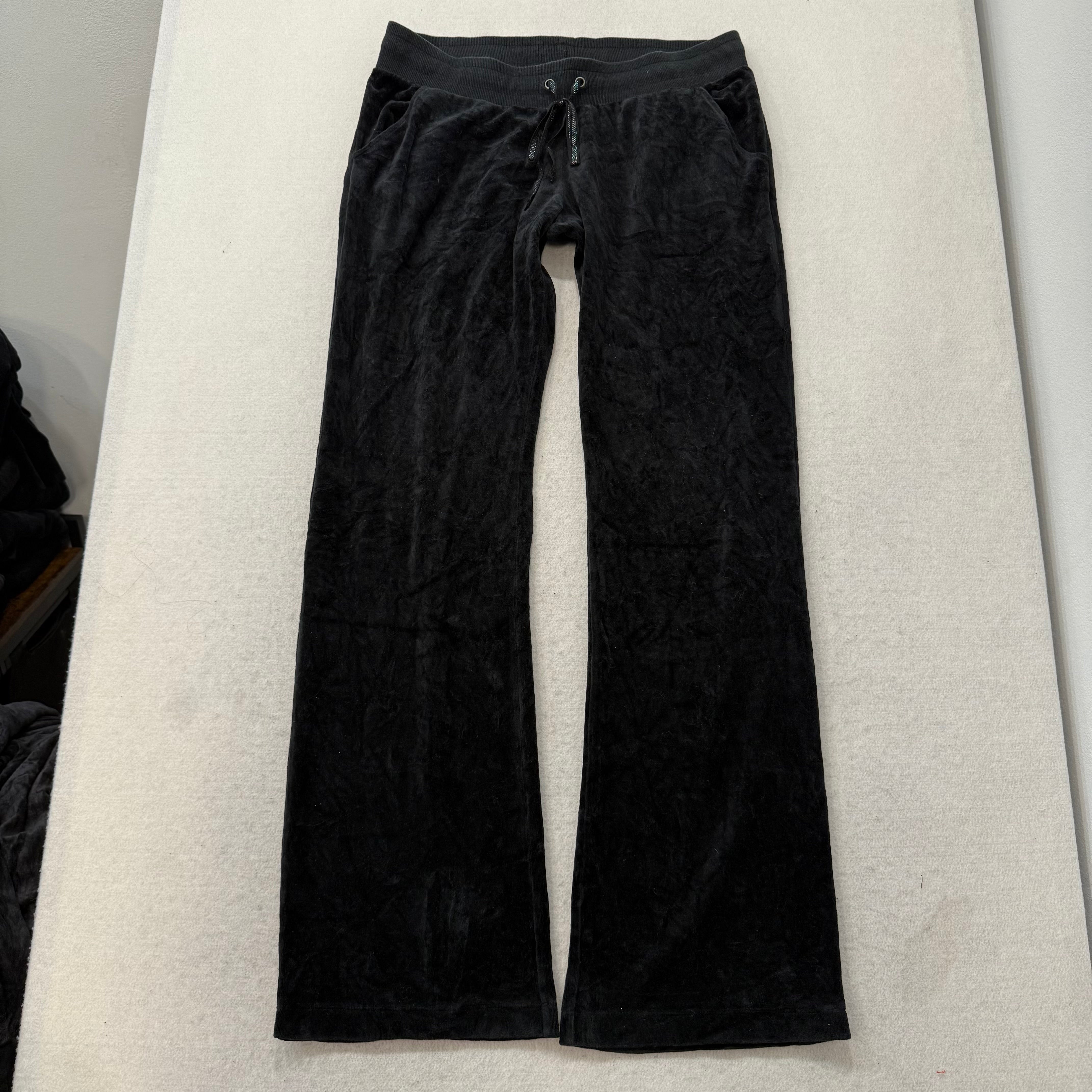 Juicy Couture Black Velour Tracksuit Set Zip Up Hoodie & Flared Pants Y2K Size L-Coordom