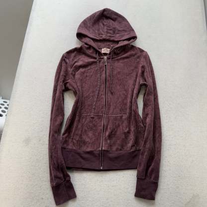 Juicy Couture Women's Brown Velour Zip-Up Hoodie Pockets Graphic Logo Size M-Coordom