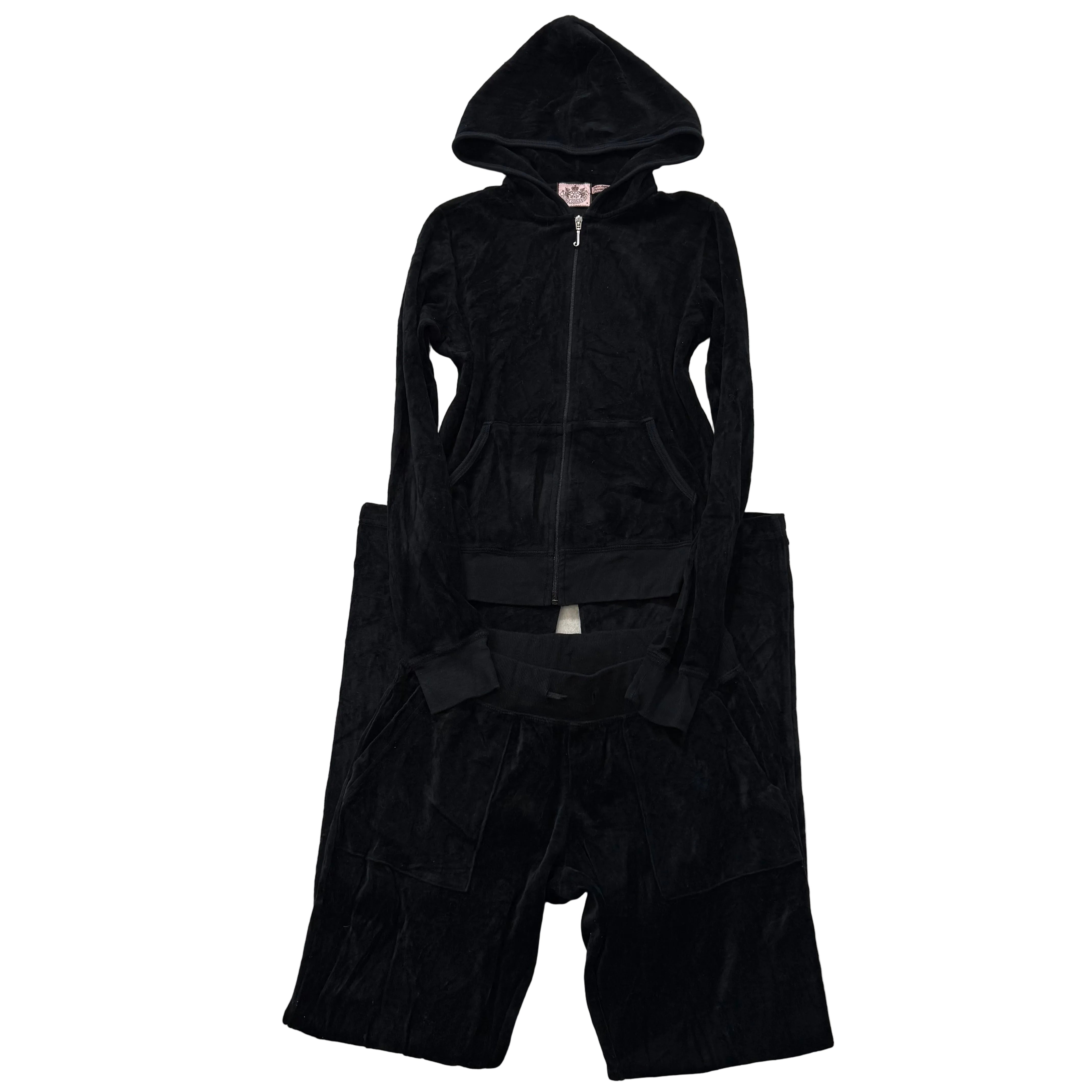 Juicy Couture Black Velour Tracksuit Set Zip Up Hoodie & Flared Pants Y2K Size M-Coordom