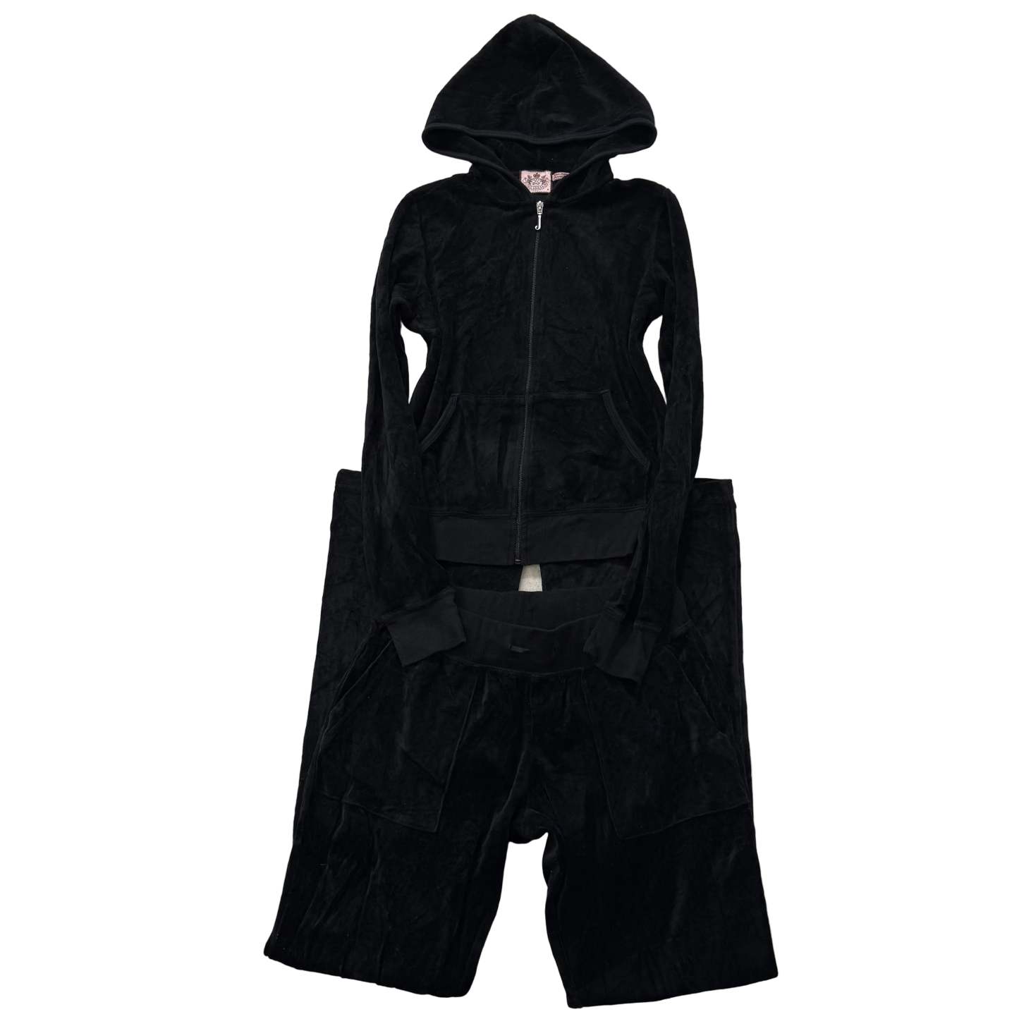 Juicy Couture Black Velour Tracksuit Set Zip Up Hoodie & Flared Pants Y2K Size M-Coordom