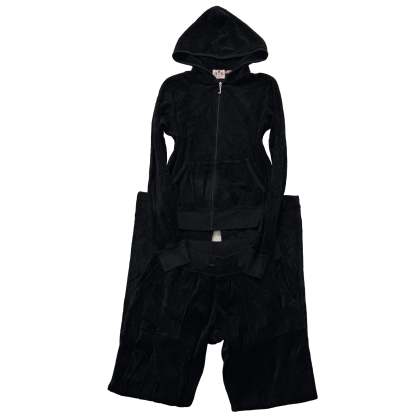 Juicy Couture Black Velour Tracksuit Set Zip Up Hoodie & Flared Pants Y2K Size M-Coordom