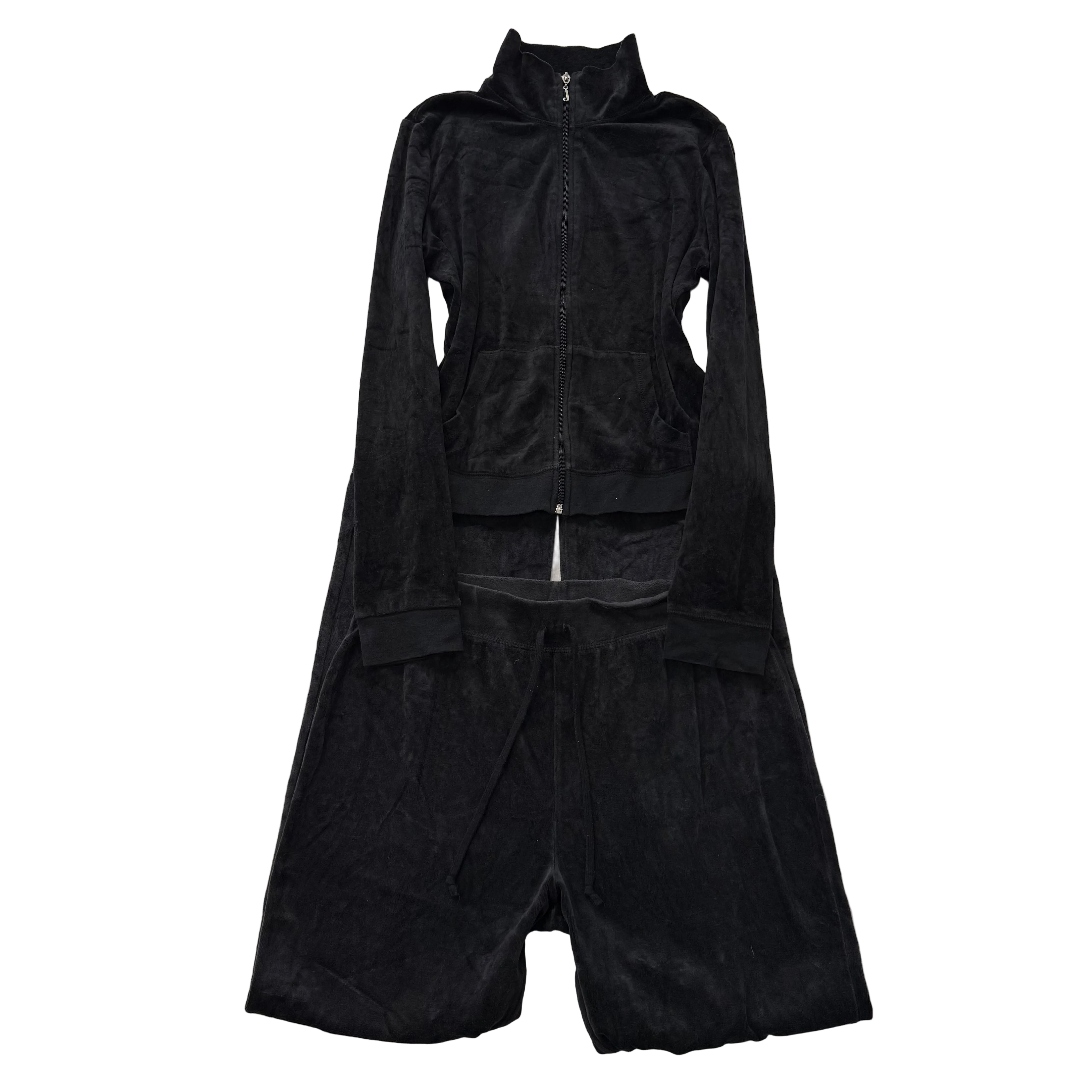 Juicy Couture Black Velour Tracksuit Set Zip Up Jacket & Flared Pants Y2K Size L-Coordom