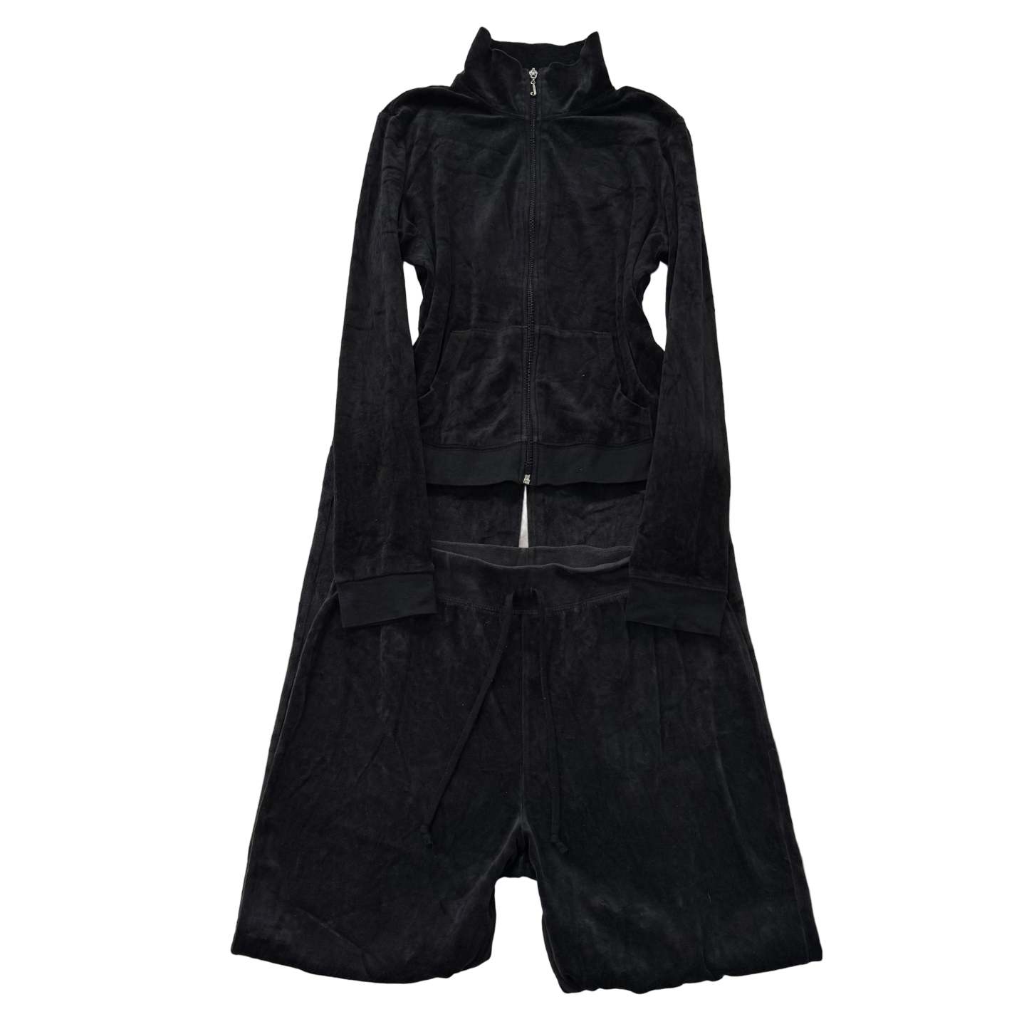 Juicy Couture Black Velour Tracksuit Set Zip Up Jacket & Flared Pants Y2K Size L-Coordom