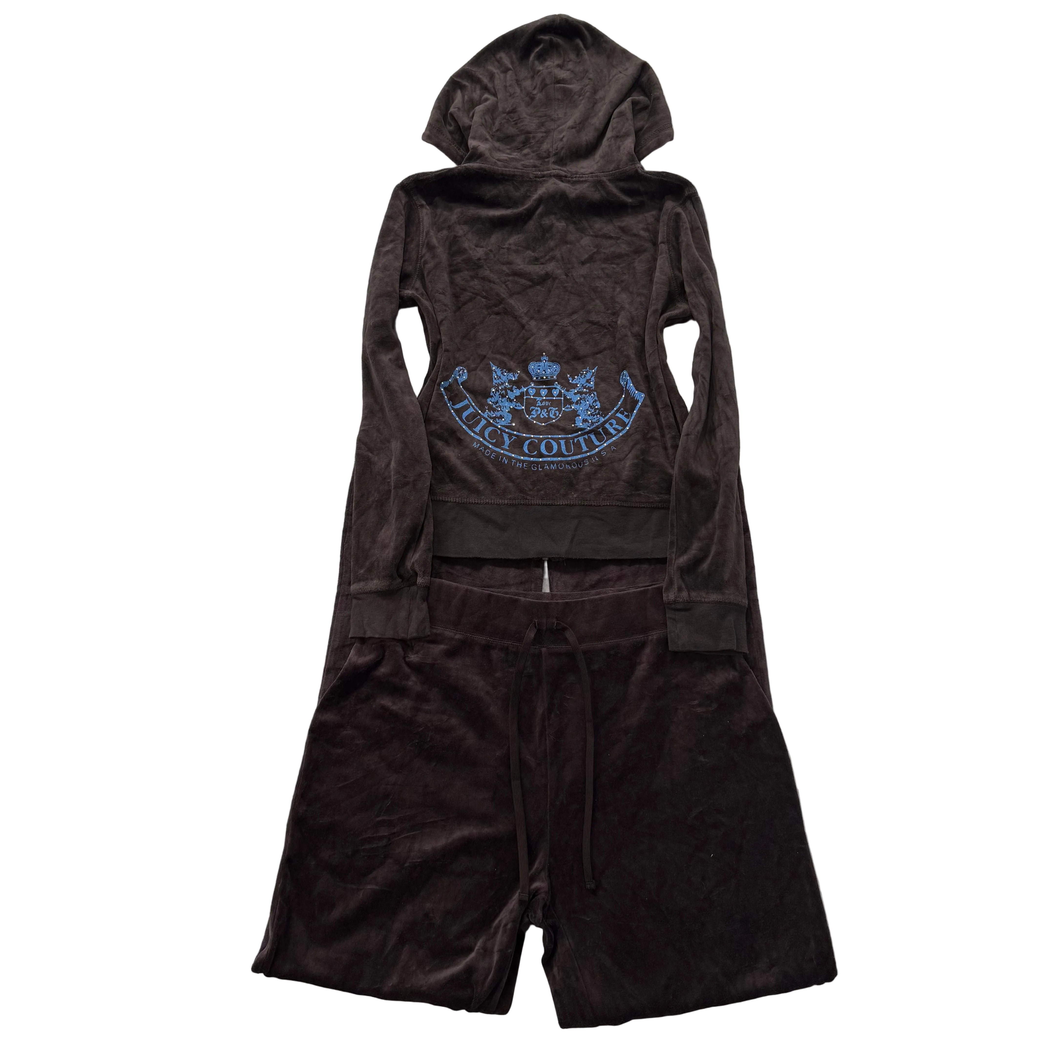Juicy Couture Brown Velour Tracksuit Set Zip Up Hoodie & Flared Pant Logo Size M-Coordom