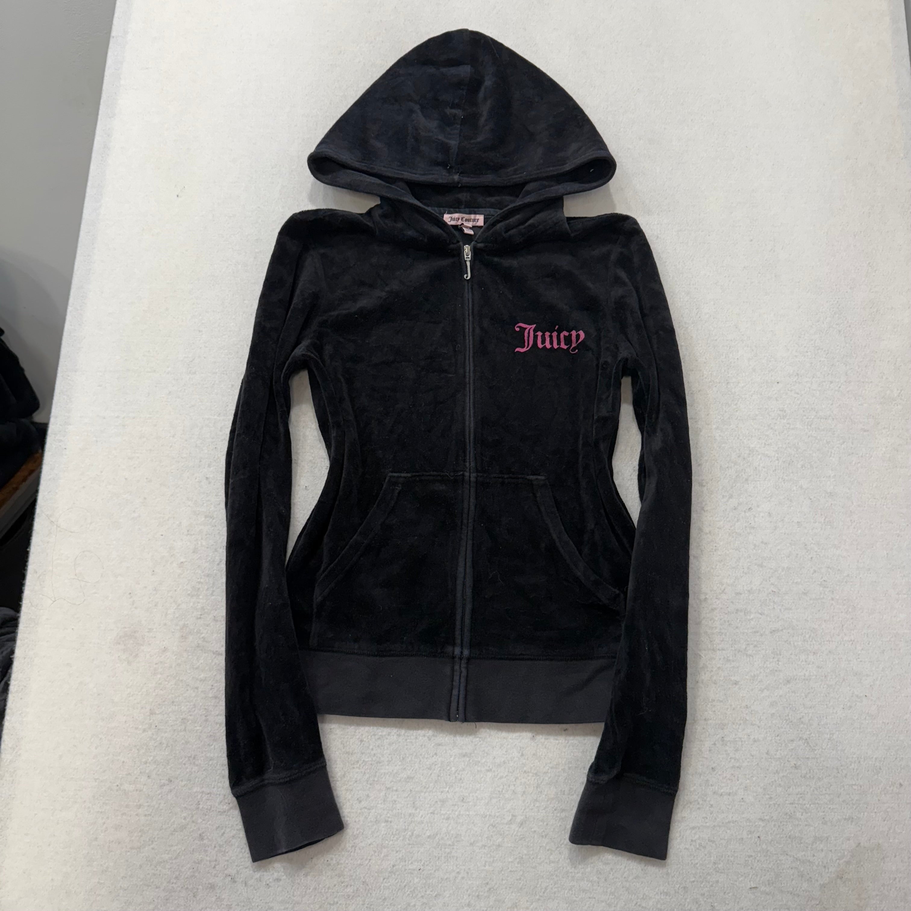 Juicy Couture Black Velour Tracksuit Set Zip Up Hoodie & Flare Pant Logo Size M-Coordom