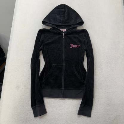 Juicy Couture Black Velour Tracksuit Set Zip Up Hoodie & Flare Pant Logo Size M-Coordom