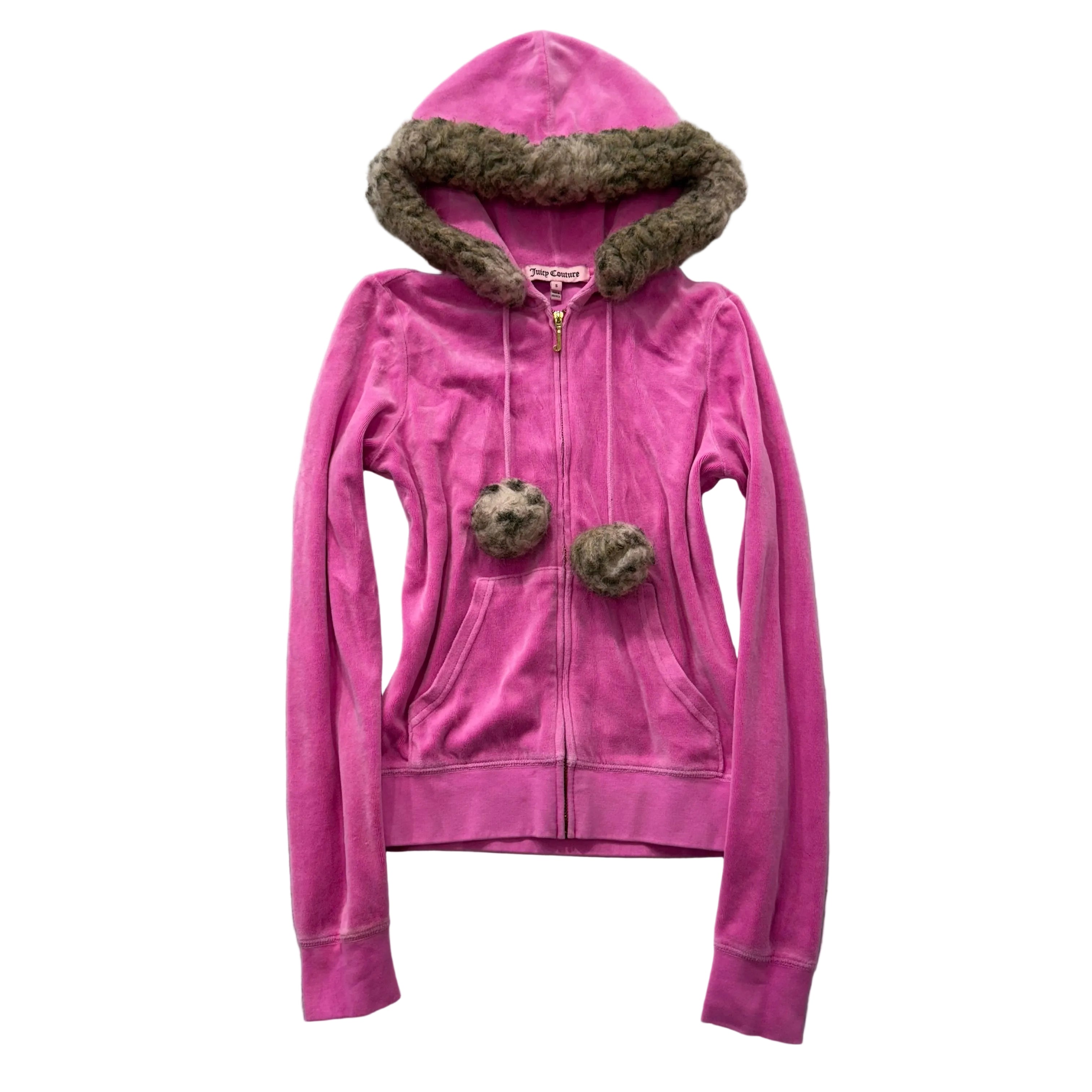 Juicy Couture Hot Pink Velour Zip-Up Hoodie Faux Fur Hood with Pom-Poms Size S-Coordom