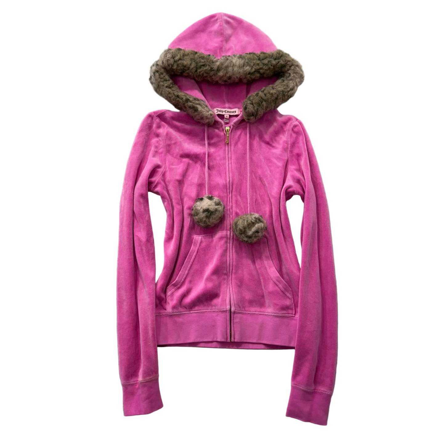 Juicy Couture Hot Pink Velour Zip-Up Hoodie Faux Fur Hood with Pom-Poms Size S-Coordom