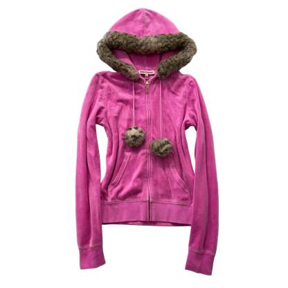 Juicy Couture Hot Pink Velour Zip-Up Hoodie Faux Fur Hood with Pom-Poms Size S-Coordom