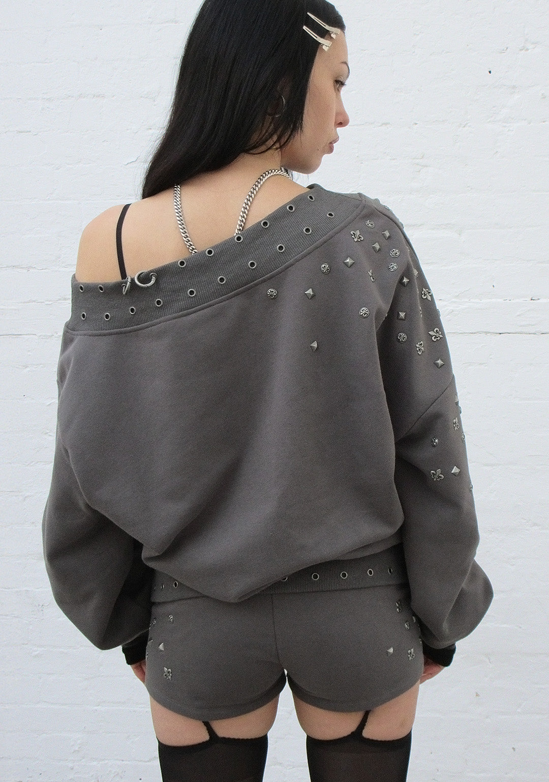 MIDNIGHT STUDDED OFF THE SHOULDER SWEATER CHARCOAL-Coordom