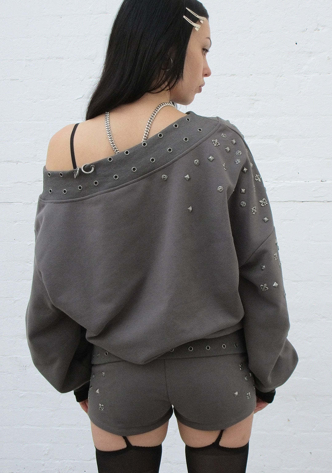 MIDNIGHT STUDDED OFF THE SHOULDER SWEATER CHARCOAL-Coordom