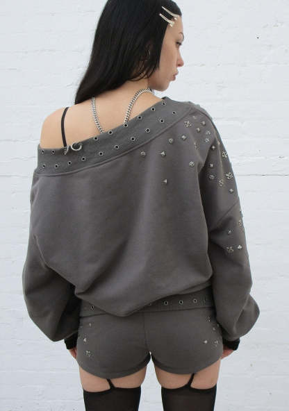 MIDNIGHT STUDDED OFF THE SHOULDER SWEATER CHARCOAL-Coordom