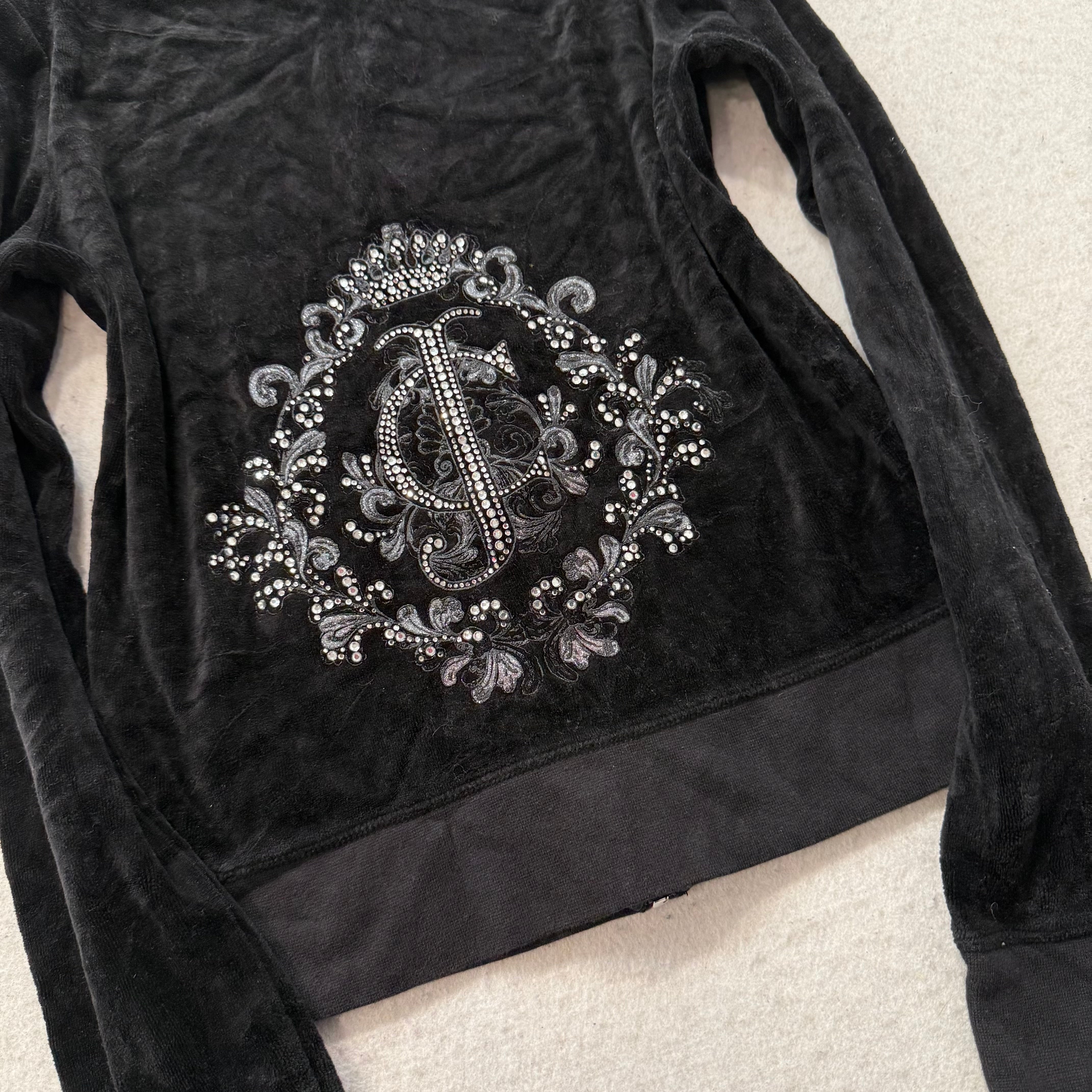 Juicy Couture Women's Black Velour Full Zip Hoodie Rhinestones Logo Y2K Size M-Coordom