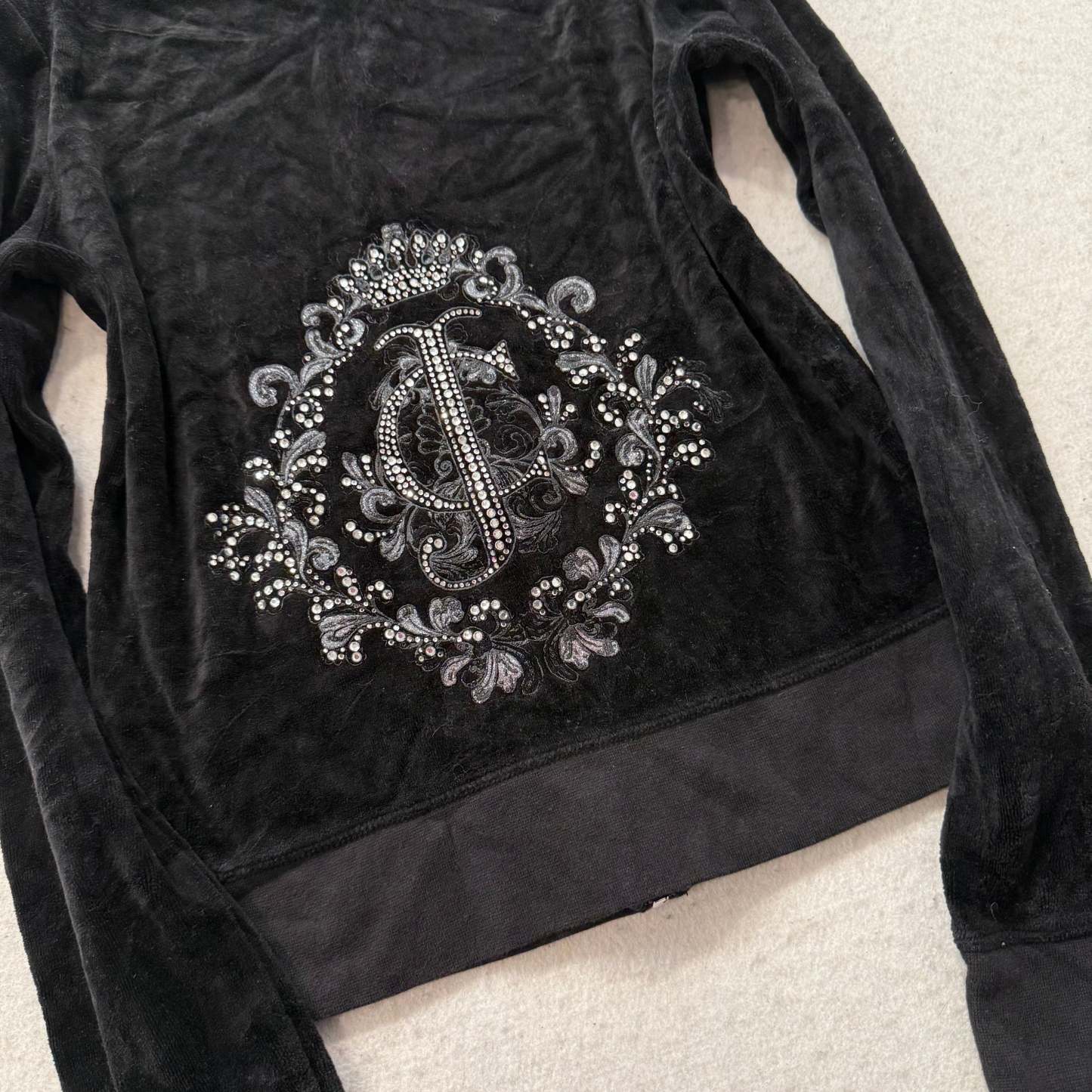 Juicy Couture Women's Black Velour Full Zip Hoodie Rhinestones Logo Y2K Size M-Coordom
