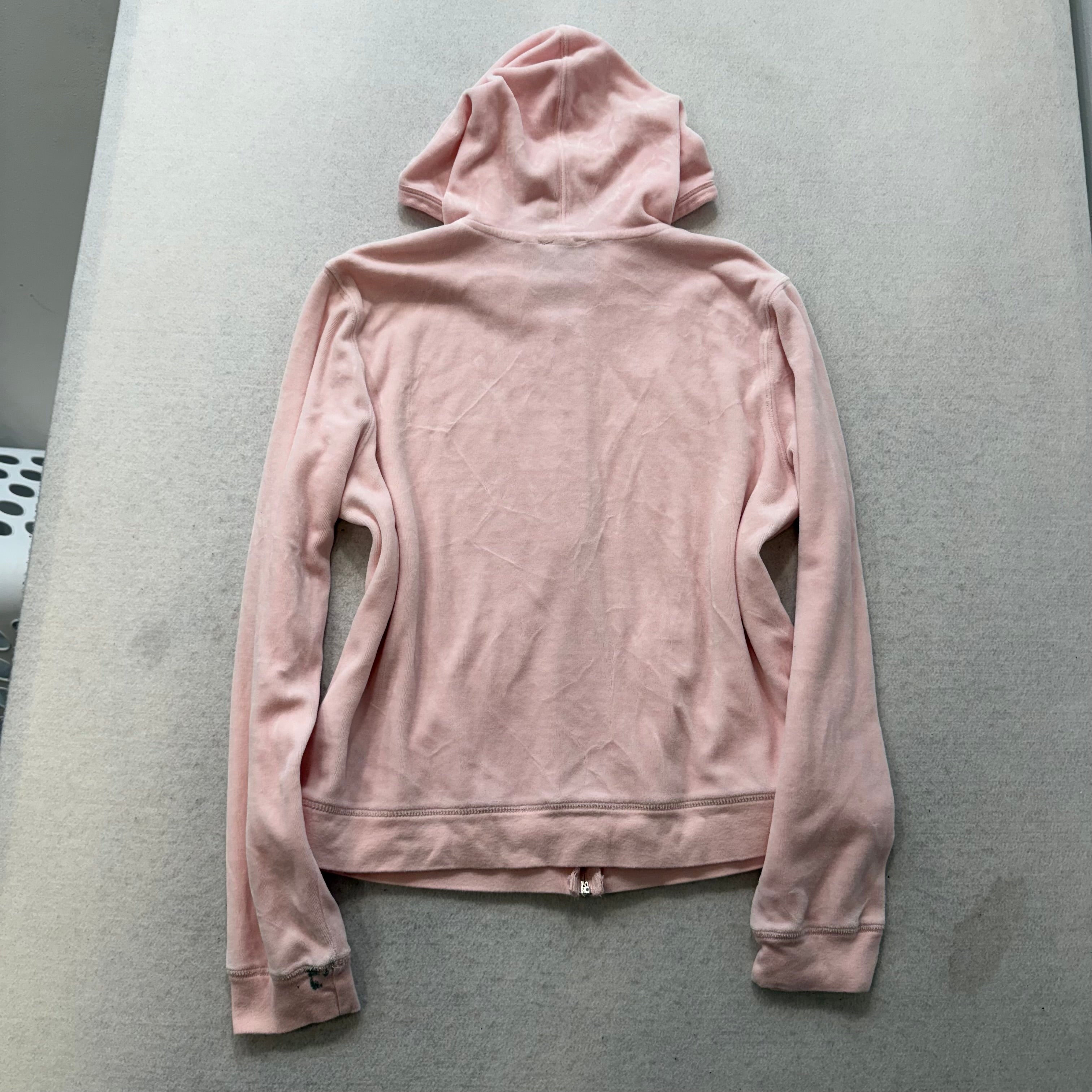 Vintage Juicy Couture Women's Baby Pink Velour Full Zip Hoodie Pockets Size L-Coordom