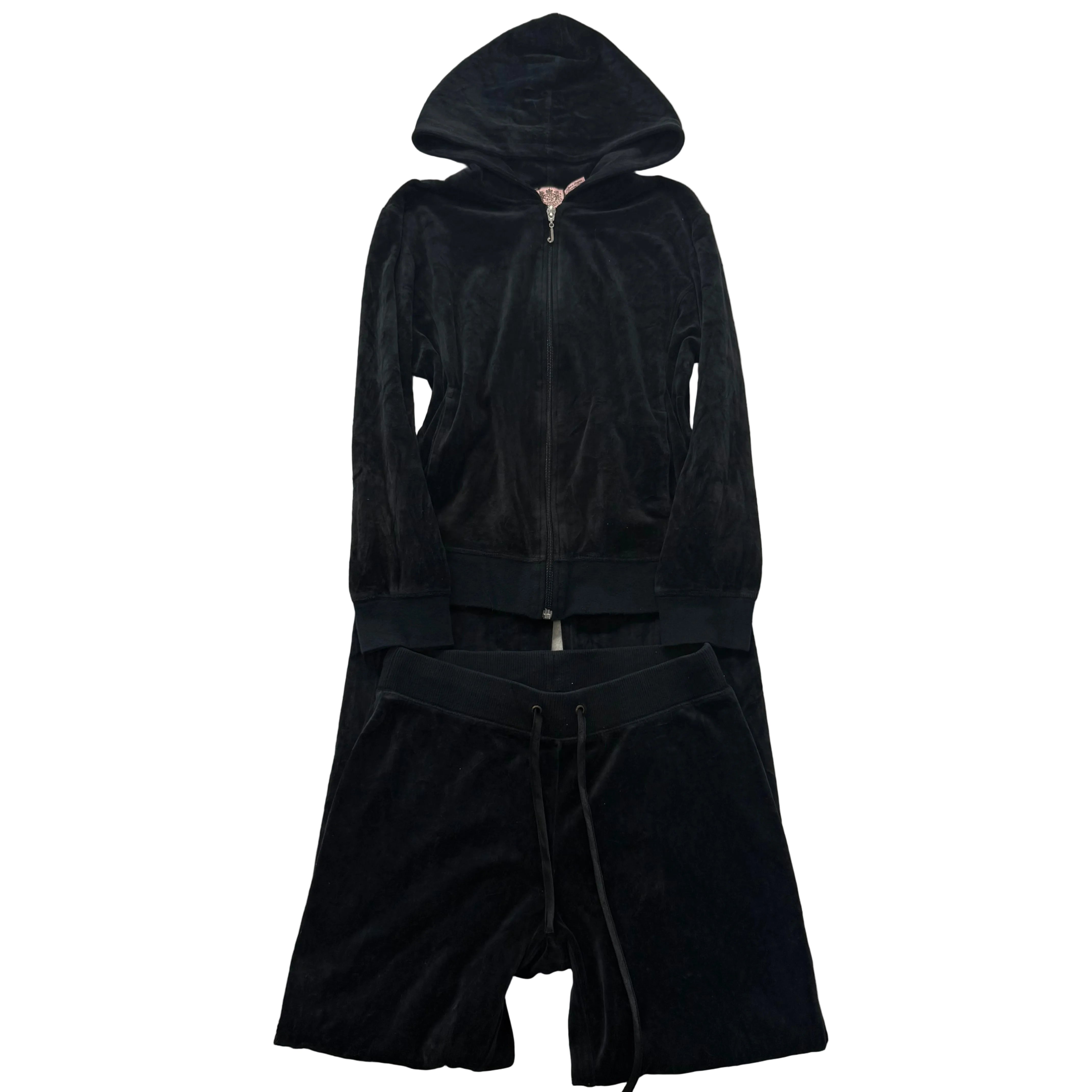 Juicy Couture Women Black Velour Tracksuit Set Zip Up Hoodie & Flare Pant Size S-Coordom