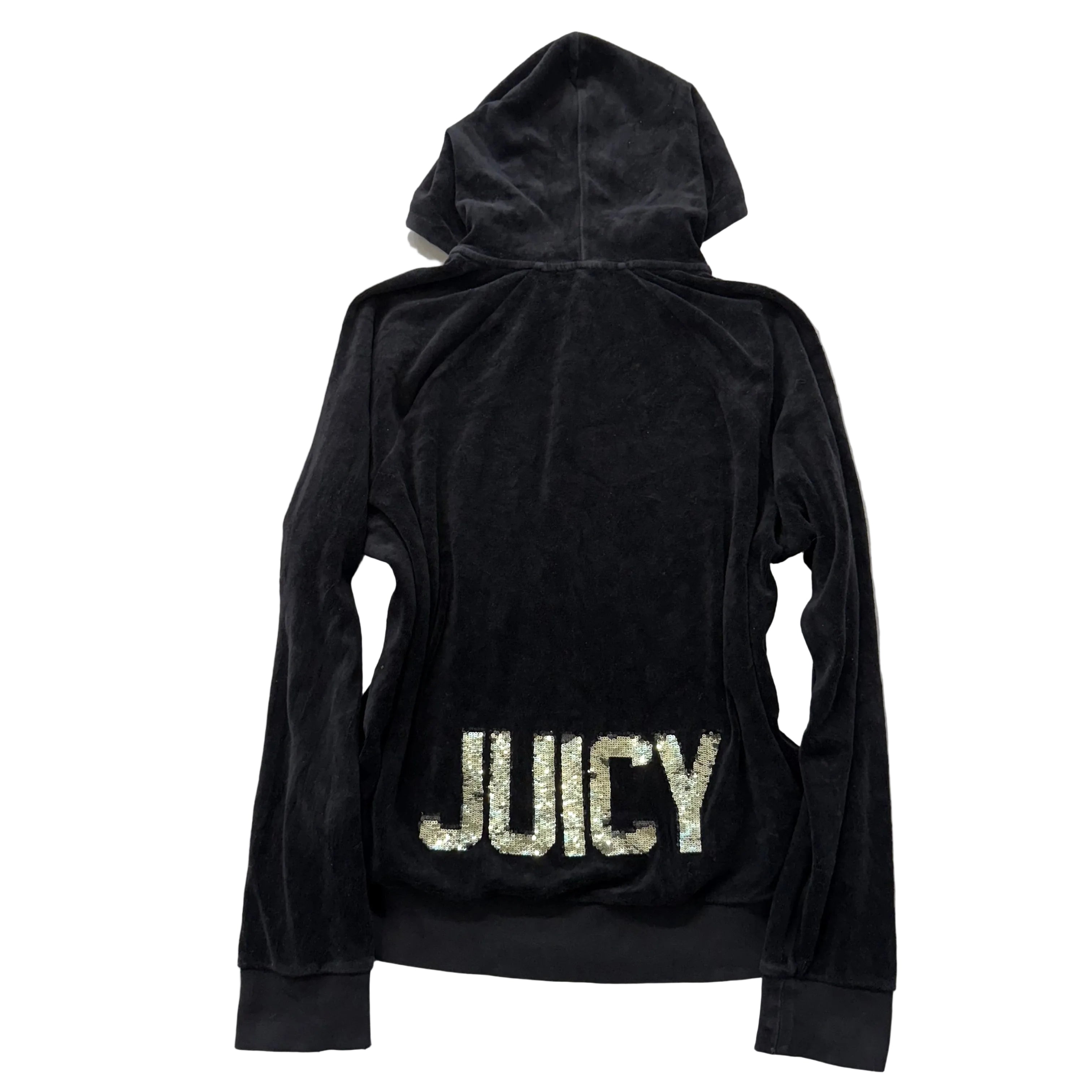 Juicy Couture Womens Black Velour Zip-Up Hoodie Gold Sequin Logo Spellout Size L-Coordom