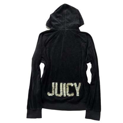 Juicy Couture Womens Black Velour Zip-Up Hoodie Gold Sequin Logo Spellout Size L-Coordom