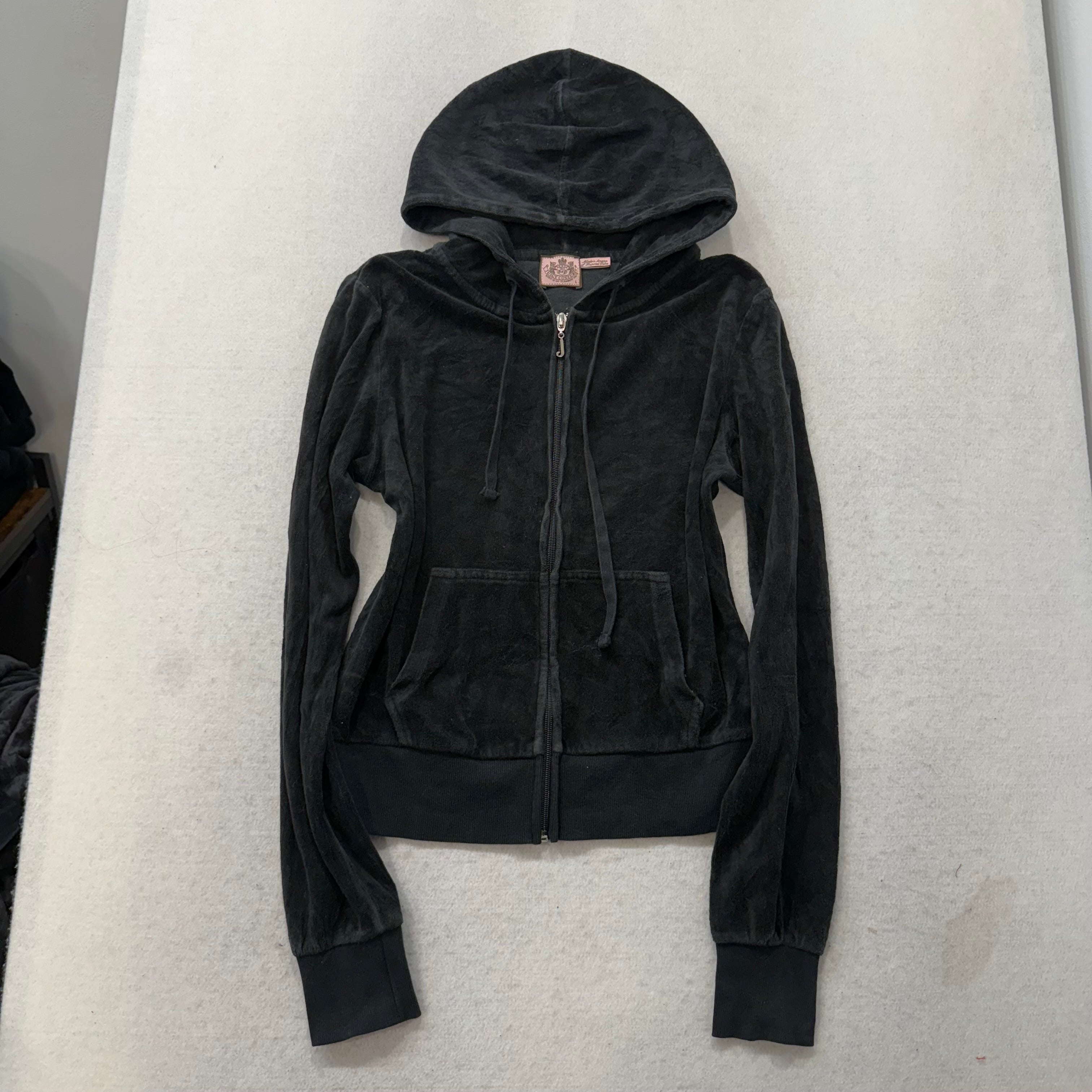 Juicy Couture Black Velour Tracksuit Set Zip Up Hoodie & Flared Pants Y2K Size L-Coordom