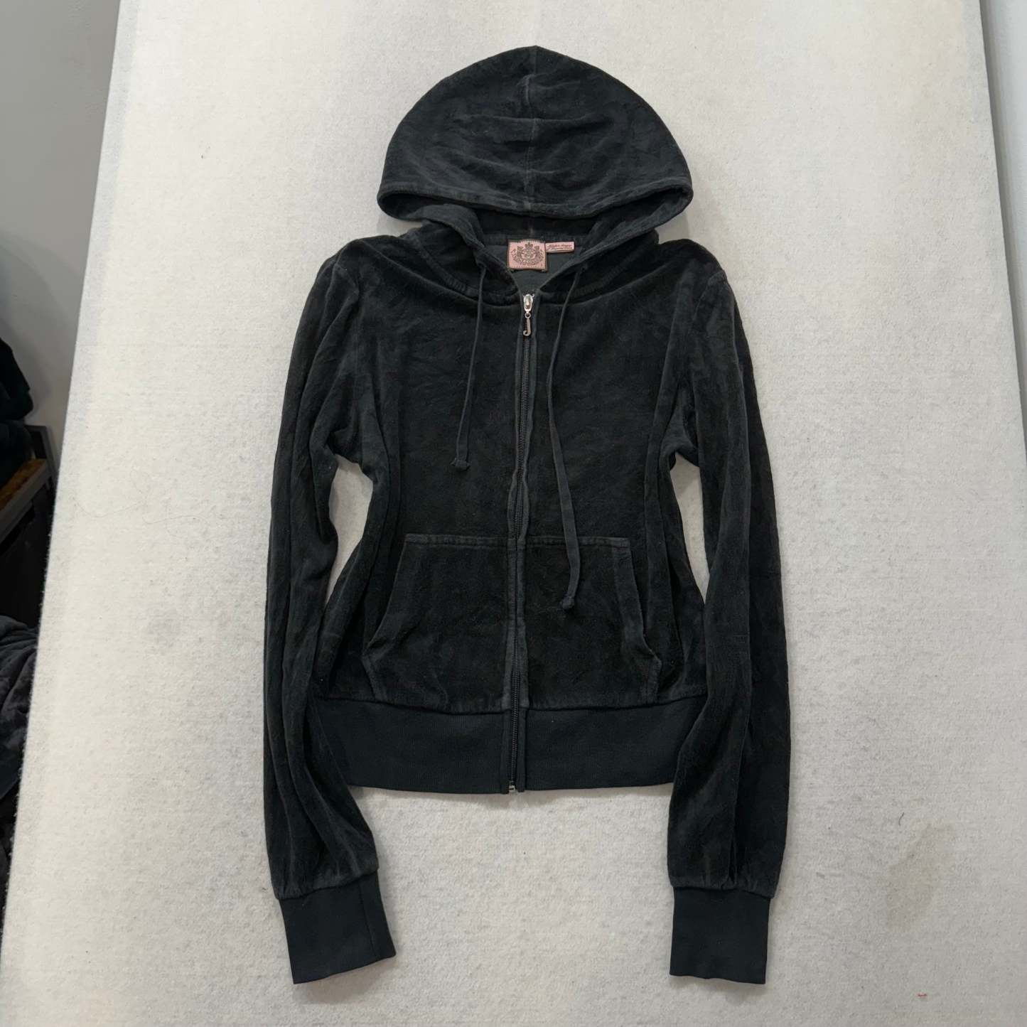 Juicy Couture Black Velour Tracksuit Set Zip Up Hoodie & Flared Pants Y2K Size L-Coordom