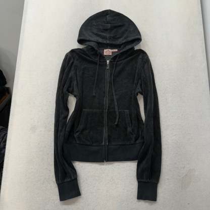 Juicy Couture Black Velour Tracksuit Set Zip Up Hoodie & Flared Pants Y2K Size L-Coordom