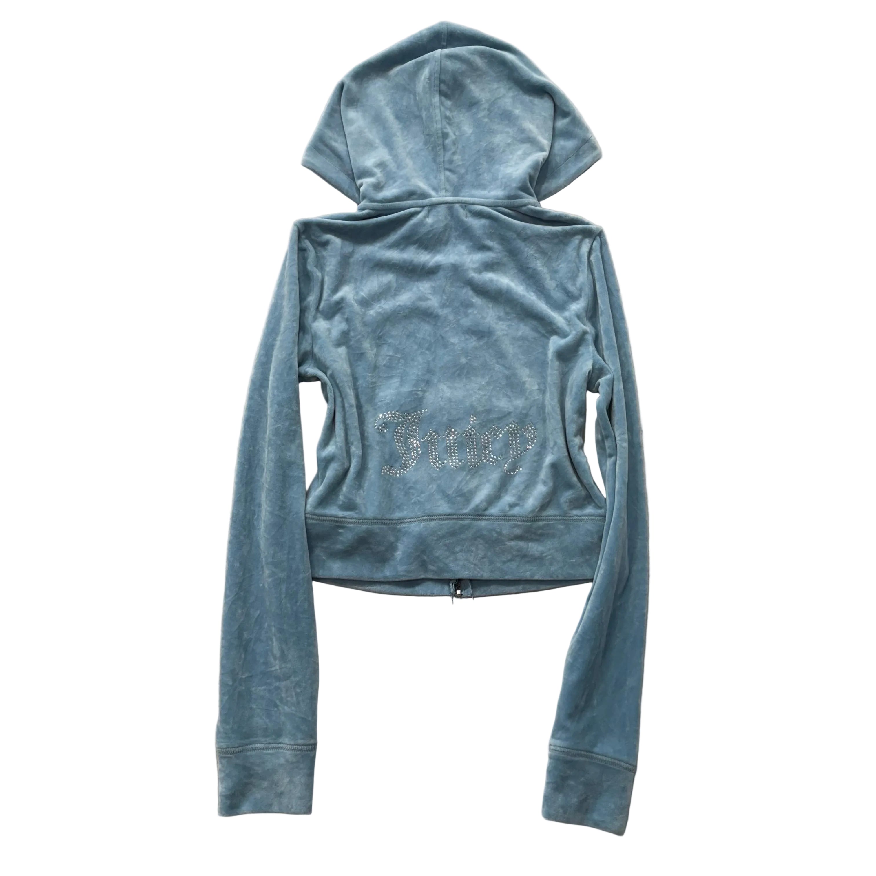 Juicy Couture Women's Light Blue Velour Zip-Up Cropped Hoodie Rhinestones Size S-Coordom