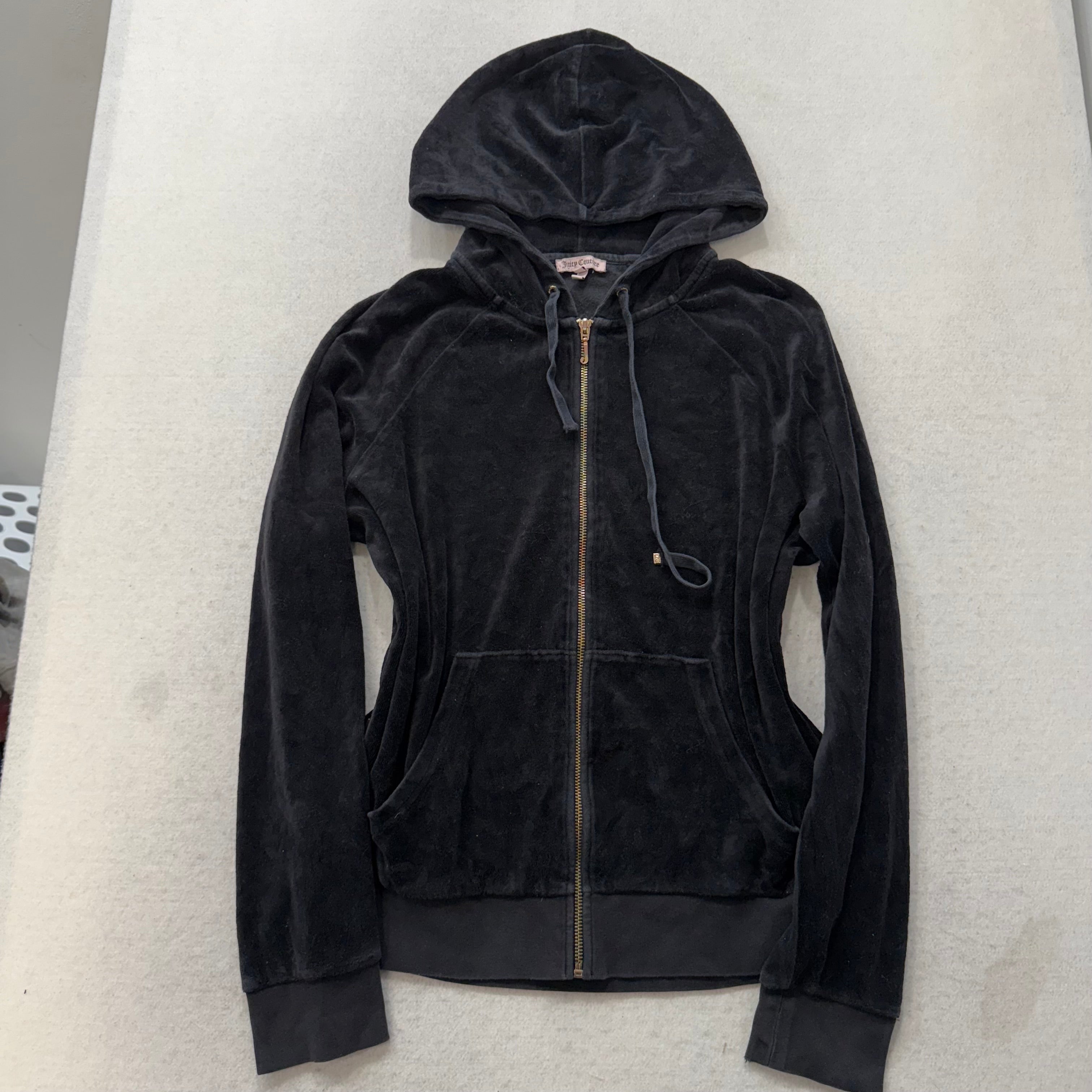 Juicy Couture Womens Black Velour Zip-Up Hoodie Gold Sequin Logo Spellout Size L-Coordom