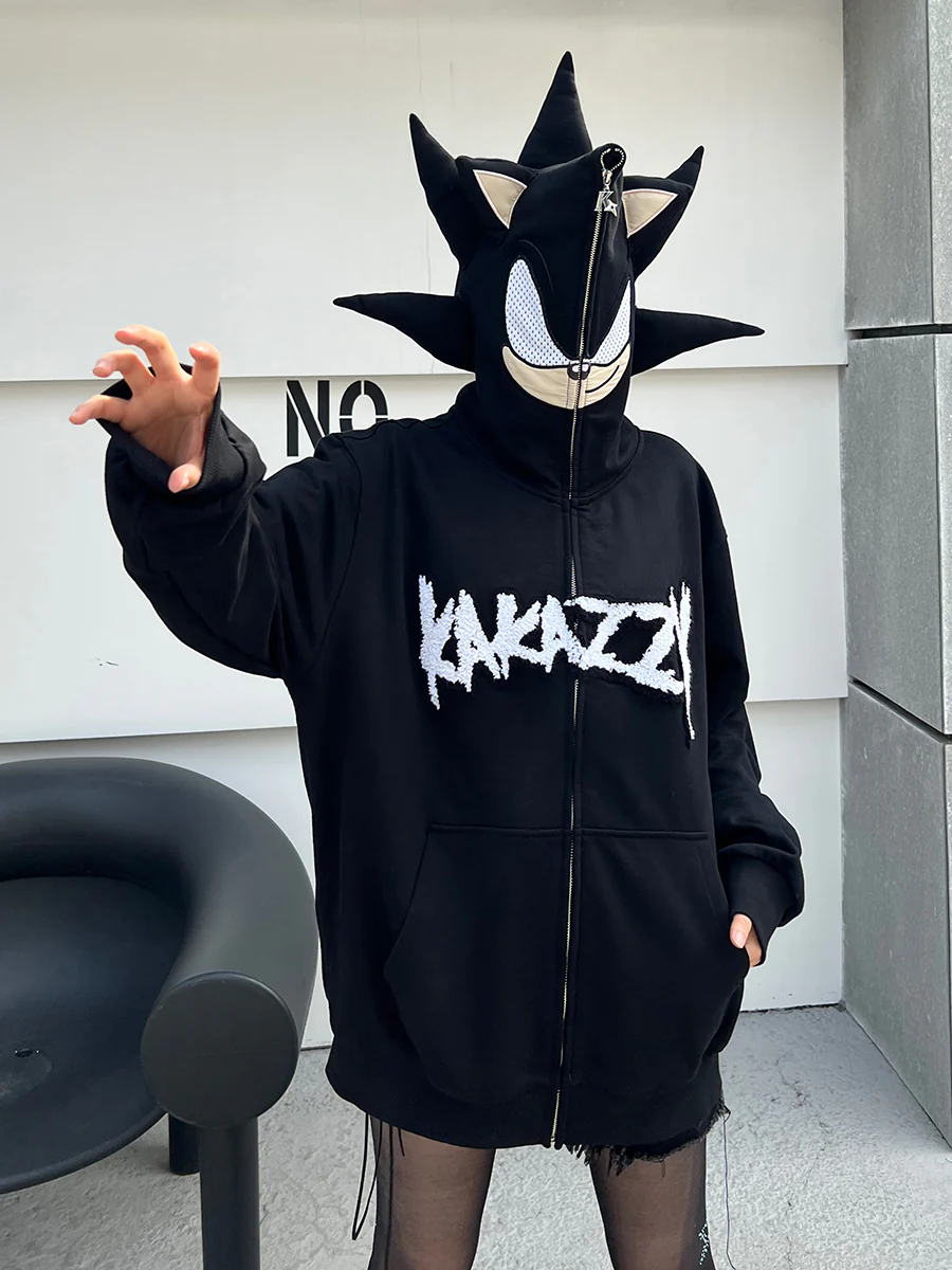 Street style Y2K pattern Full Zip Hoodie Black（Eyes Can See）-Coordom
