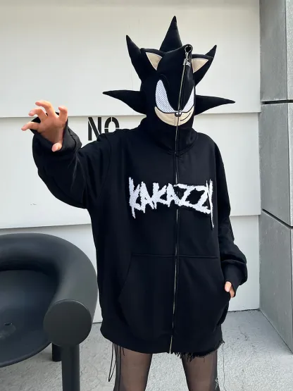 Street style Y2K pattern Full Zip Hoodie Black（Eyes Can See）-Coordom