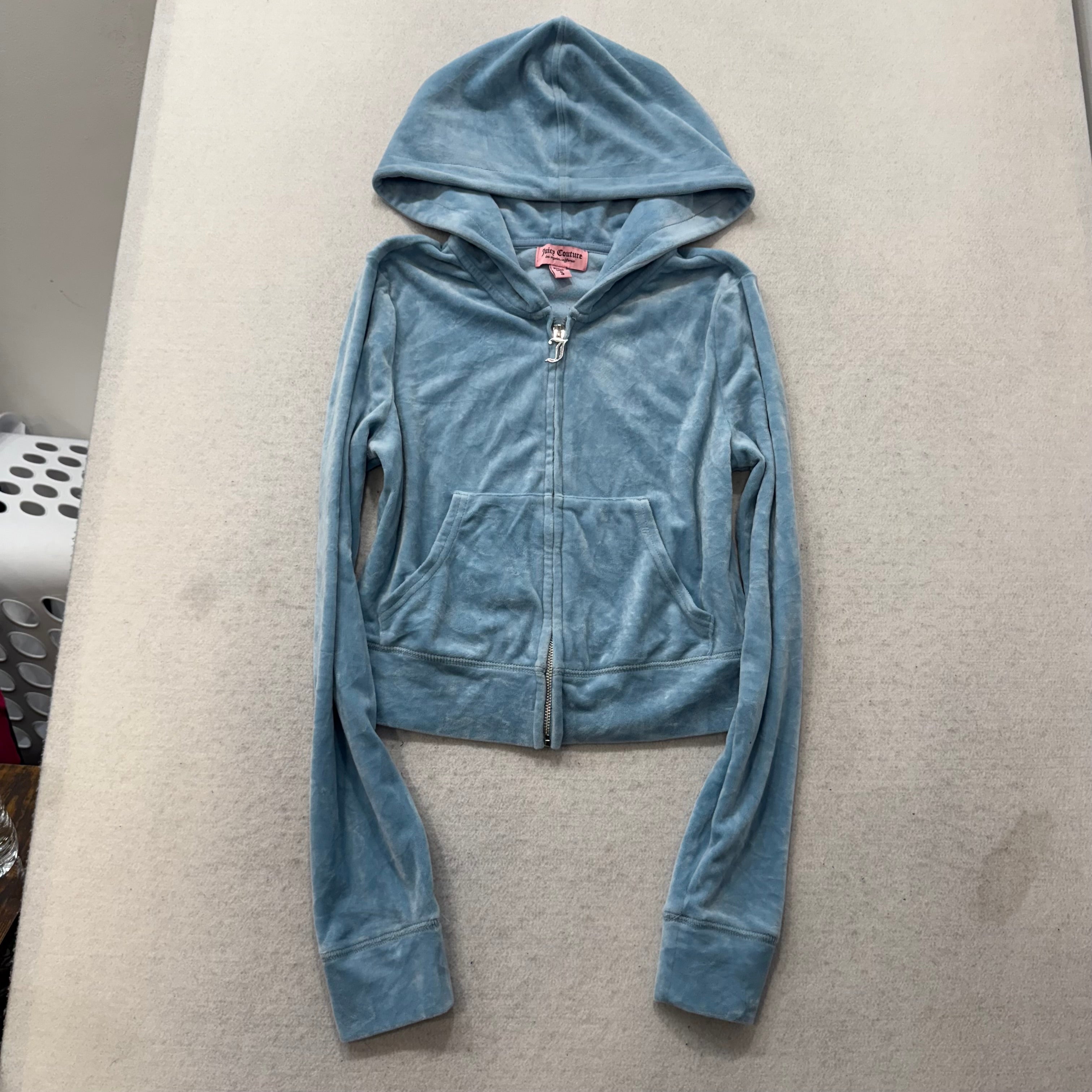Juicy Couture Women's Light Blue Velour Zip-Up Cropped Hoodie Rhinestones Size S-Coordom