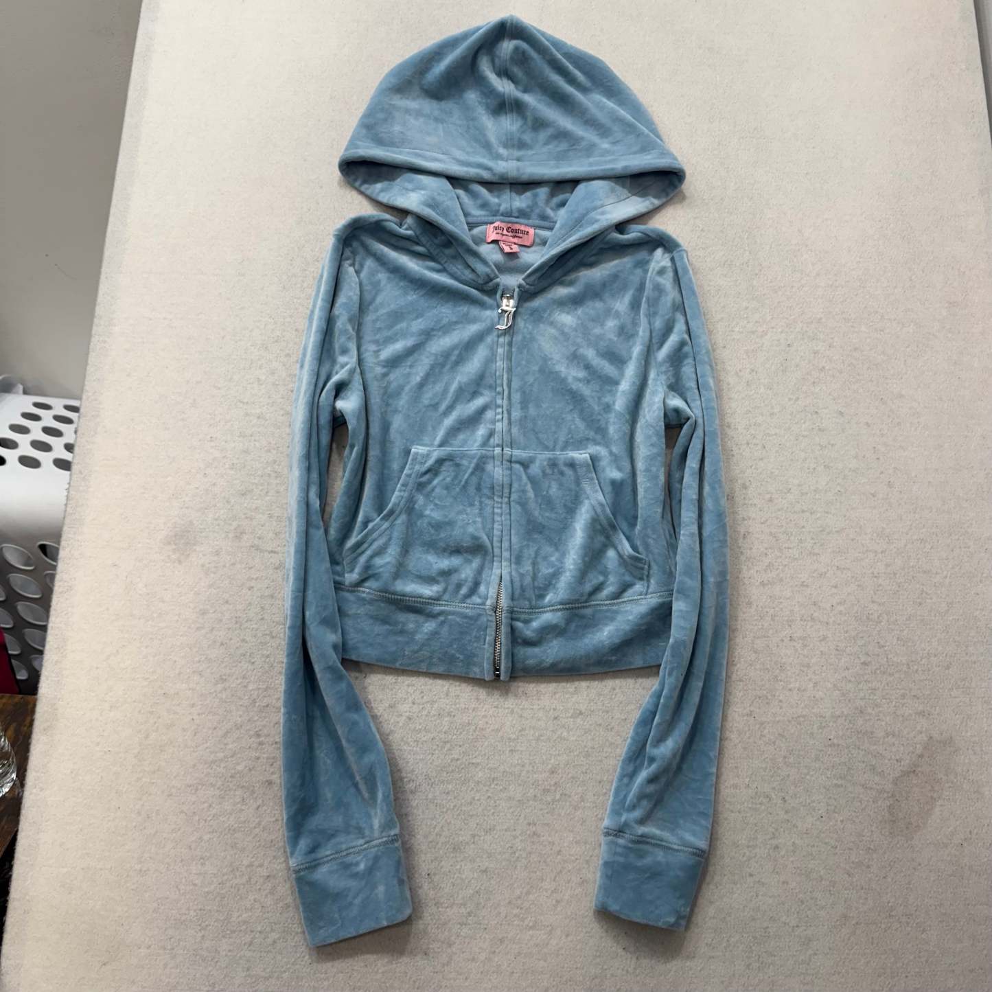 Juicy Couture Women's Light Blue Velour Zip-Up Cropped Hoodie Rhinestones Size S-Coordom