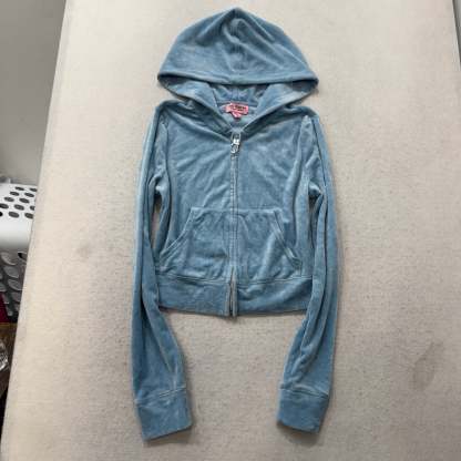 Juicy Couture Women's Light Blue Velour Zip-Up Cropped Hoodie Rhinestones Size S-Coordom