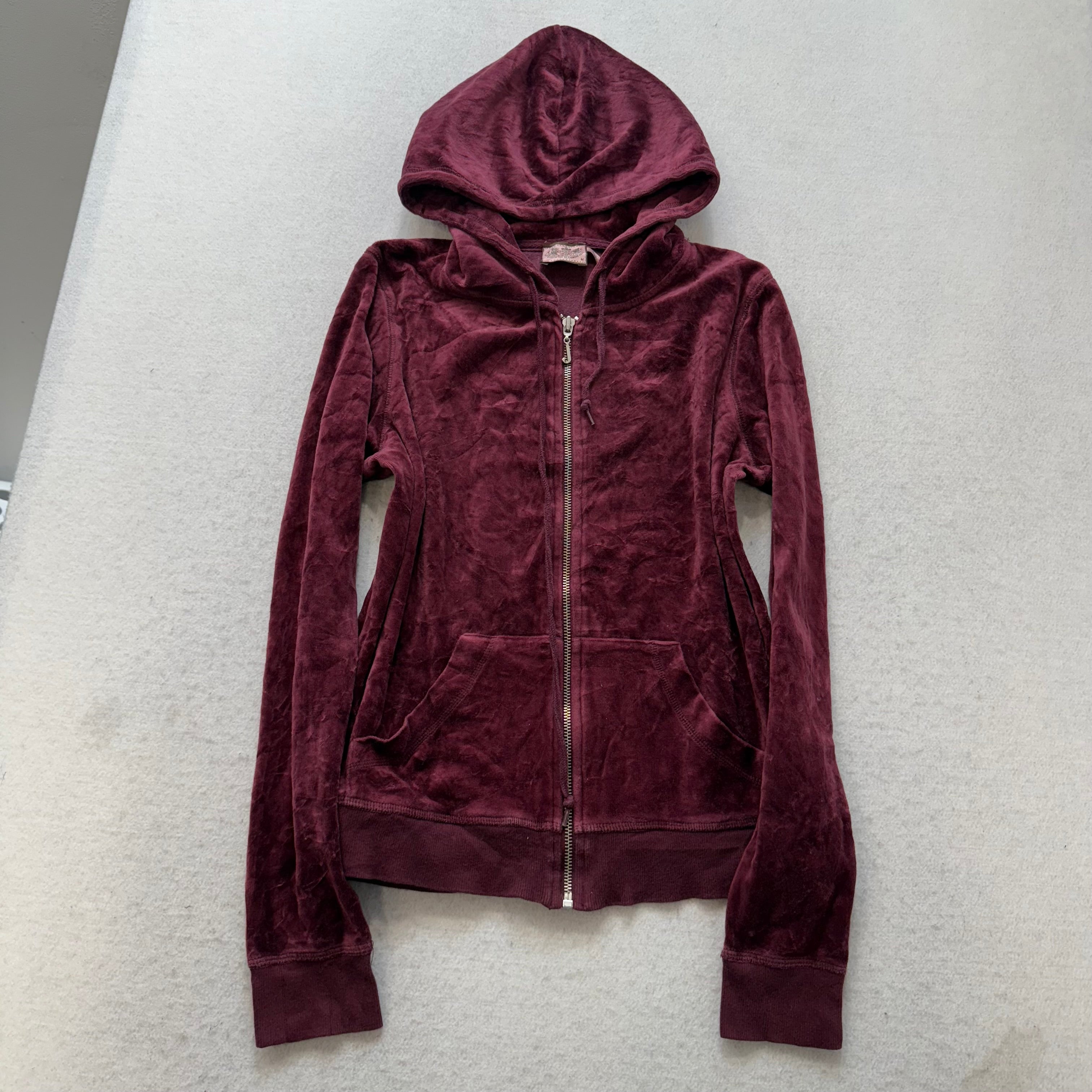 Juicy Couture Scottie Dogs Women's Burgundy Velour Zip-Up Hoodie Pockets Size M-Coordom