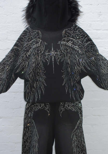 FALLEN FAUX FUR RHINESTONE ZIP HOODIE WASHED BLACK (DETACHABLE FUR)-Coordom