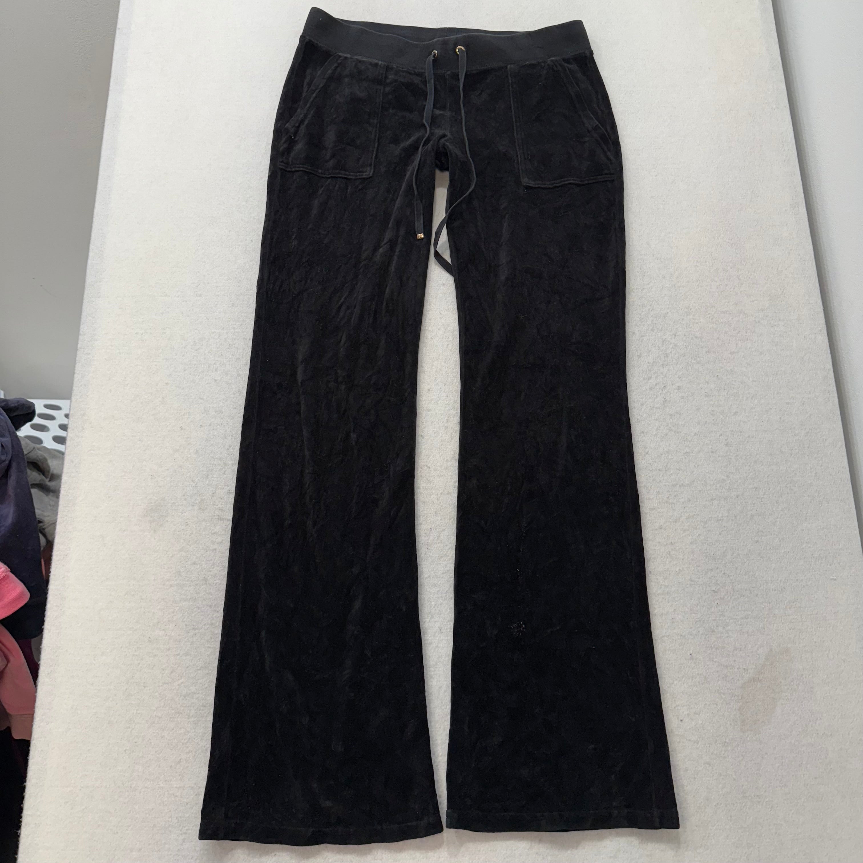 Juicy Couture Women's Black Velour Flare Track Pants Back Snap Pockets Size M-Coordom