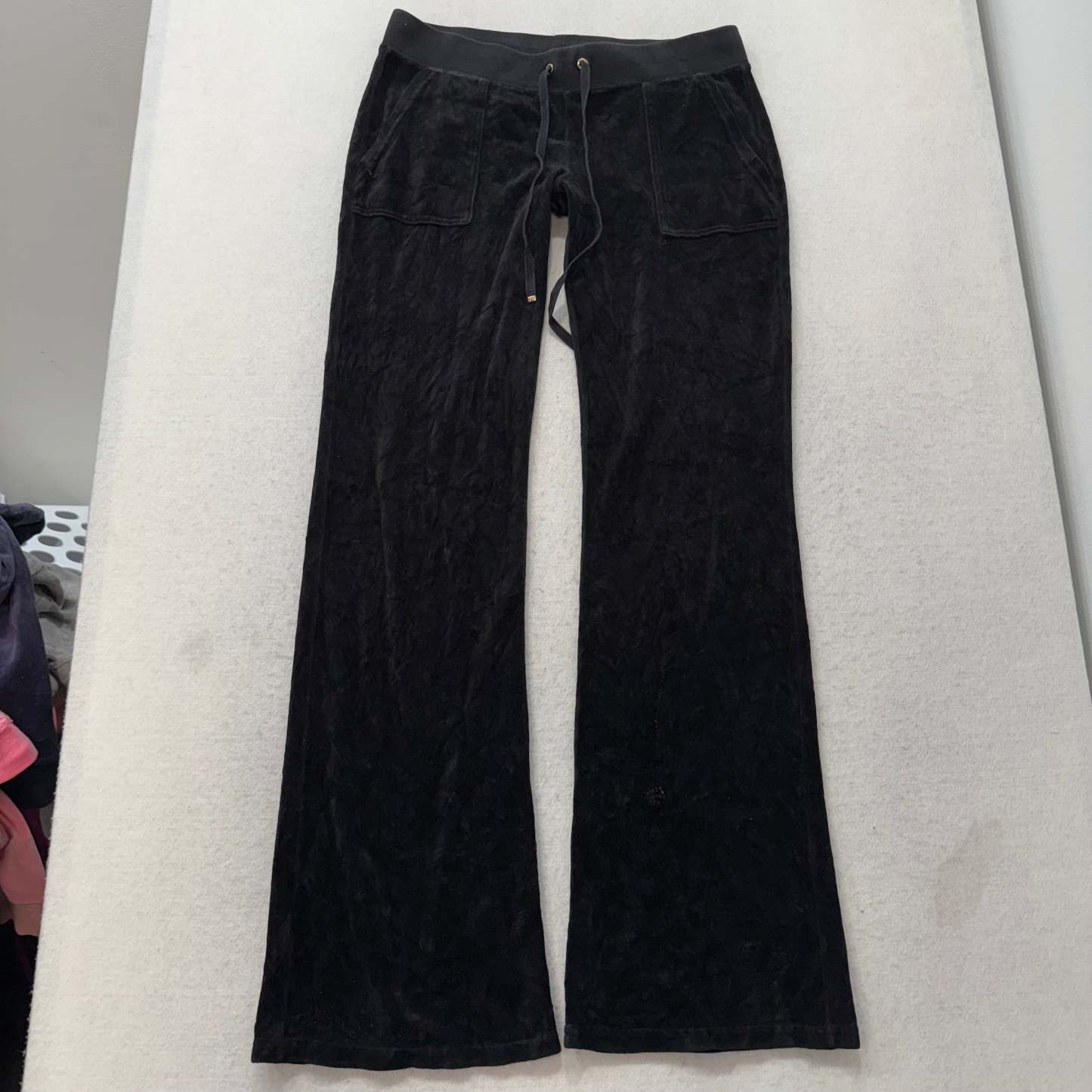 Juicy Couture Women's Black Velour Flare Track Pants Back Snap Pockets Size M-Coordom