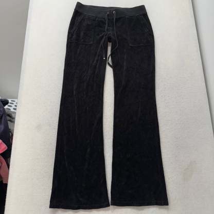 Juicy Couture Women's Black Velour Flare Track Pants Back Snap Pockets Size M-Coordom