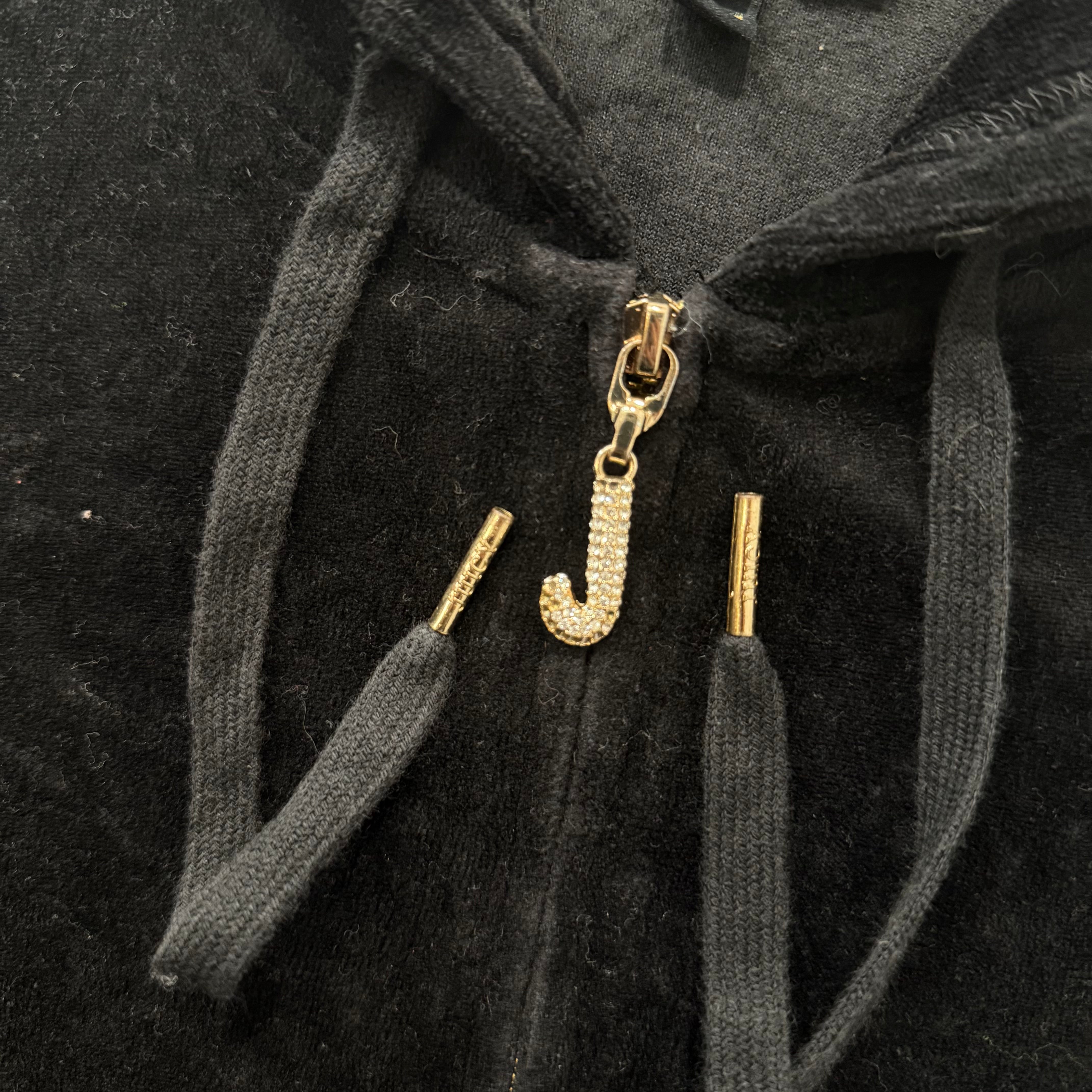 Juicy Couture Black Velour Tracksuit Set Zip Up Hoodie & Flared Pant Y2K Size S-Coordom