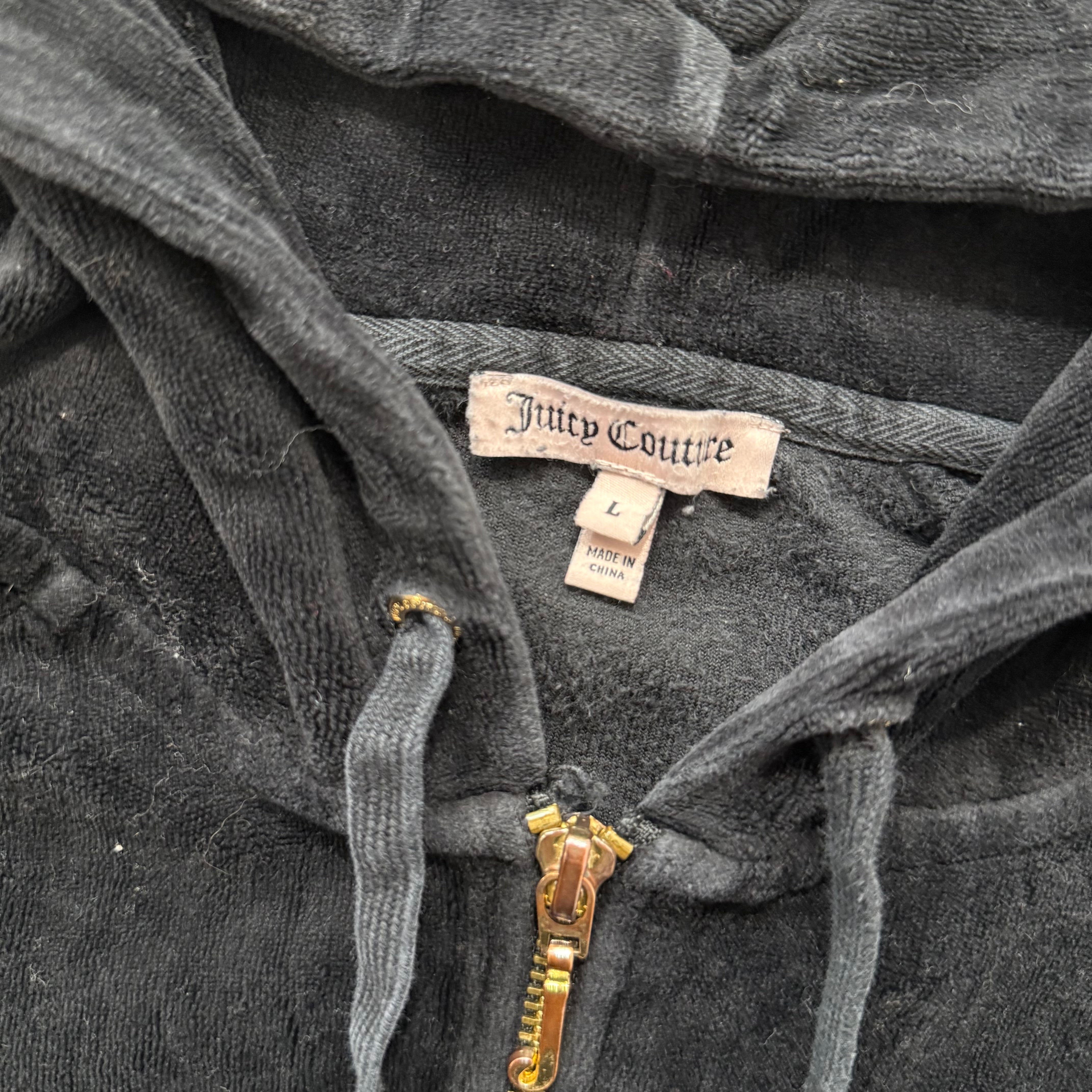 Juicy Couture Womens Black Velour Zip-Up Hoodie Gold Sequin Logo Spellout Size L-Coordom