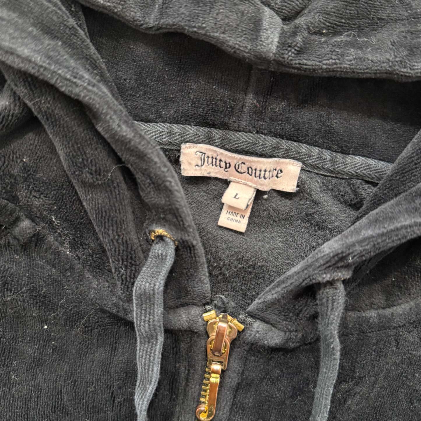 Juicy Couture Womens Black Velour Zip-Up Hoodie Gold Sequin Logo Spellout Size L-Coordom