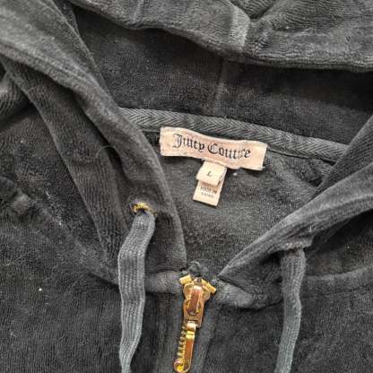 Juicy Couture Womens Black Velour Zip-Up Hoodie Gold Sequin Logo Spellout Size L-Coordom