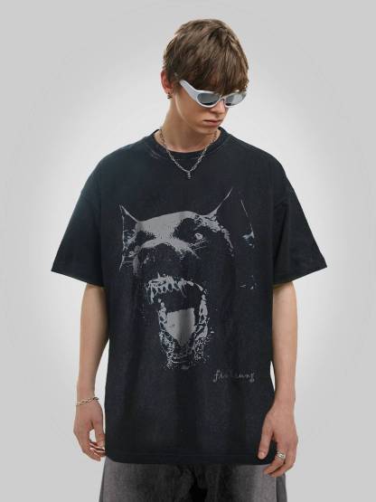 Snarling Dog Graphic Washed Tee-Coordom