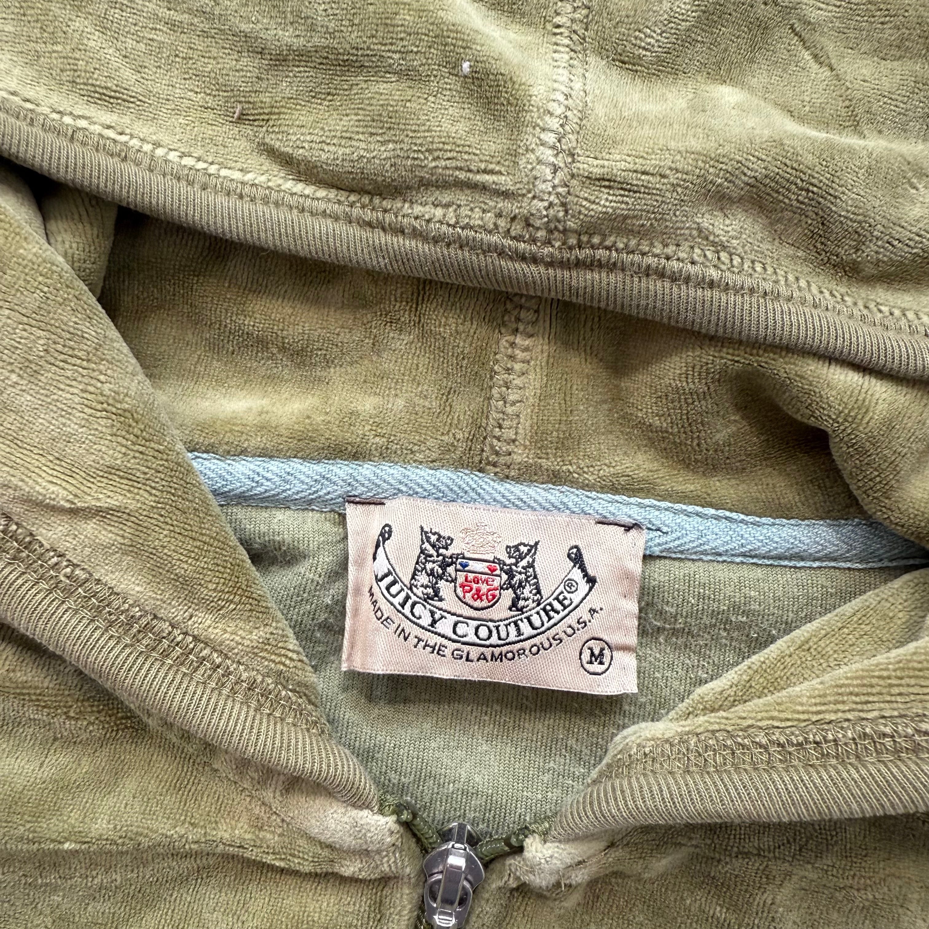 2003 Vintage Juicy Couture Women's Olive Green Velour Hoodie Lace Cuffs Size M-Coordom