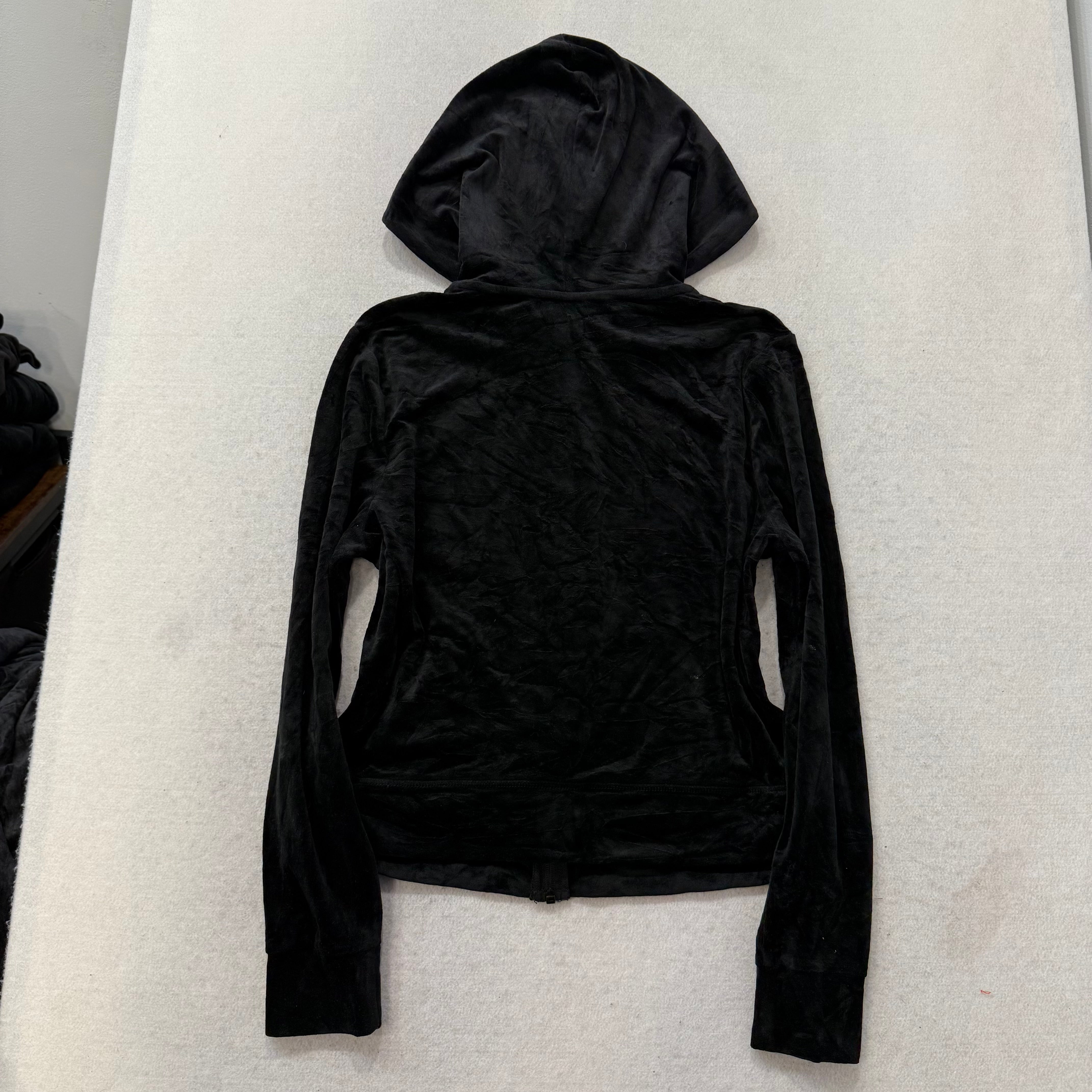 Juicy Couture Jet Black Velour Tracksuit Set Zip Up Hoodie & Flared Pant Size L-Coordom