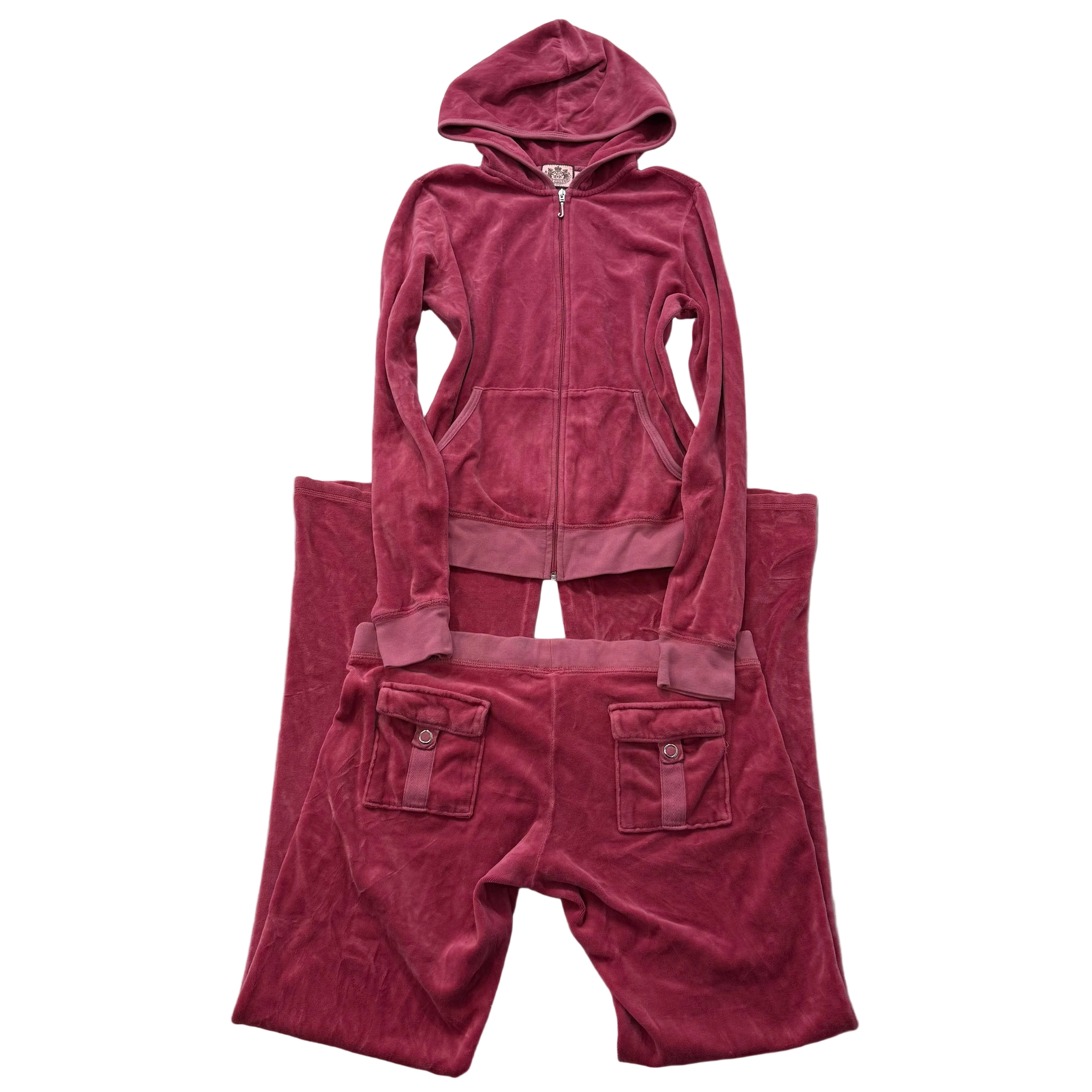 Juicy Couture Deep Rose Velour Tracksuit Set Zip Up Hoodie & Flared Pant Size M-Coordom