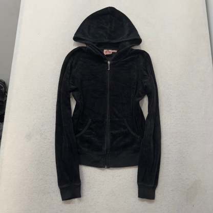 Vintage Juicy Couture Black Velour Tracksuit Set Zip Up Hoodie & Pant Y2K Size S-Coordom