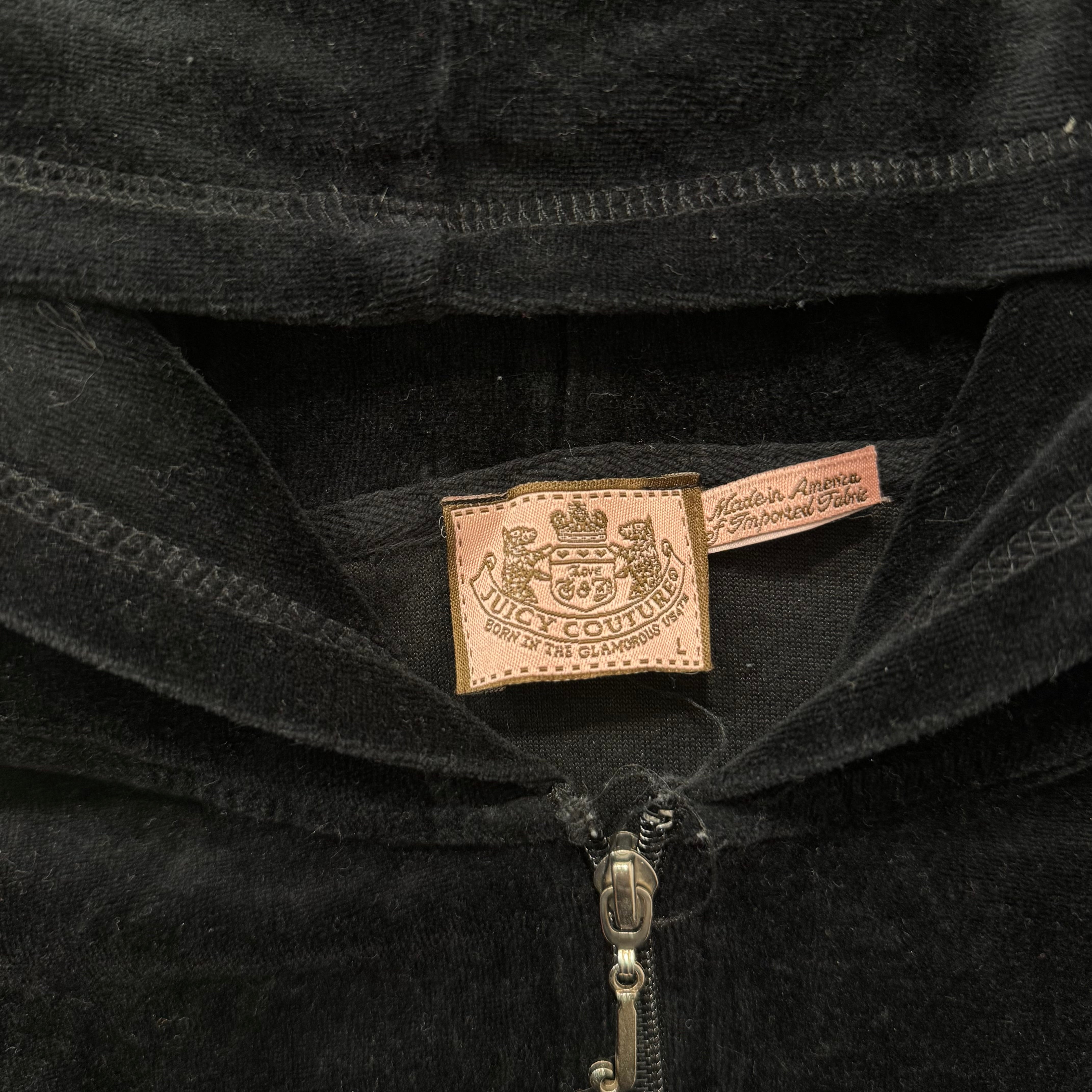 Juicy Couture Black Velour Tracksuit Set Zip Up Hoodie & Straight Pants Size L-Coordom