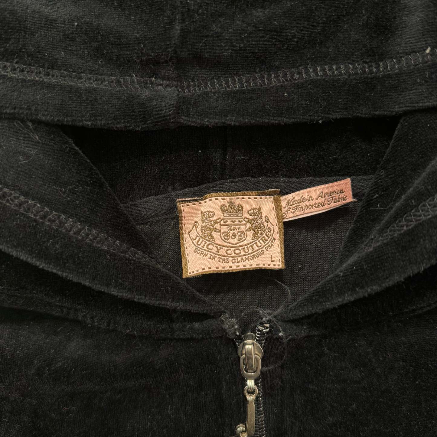 Juicy Couture Black Velour Tracksuit Set Zip Up Hoodie & Straight Pants Size L-Coordom