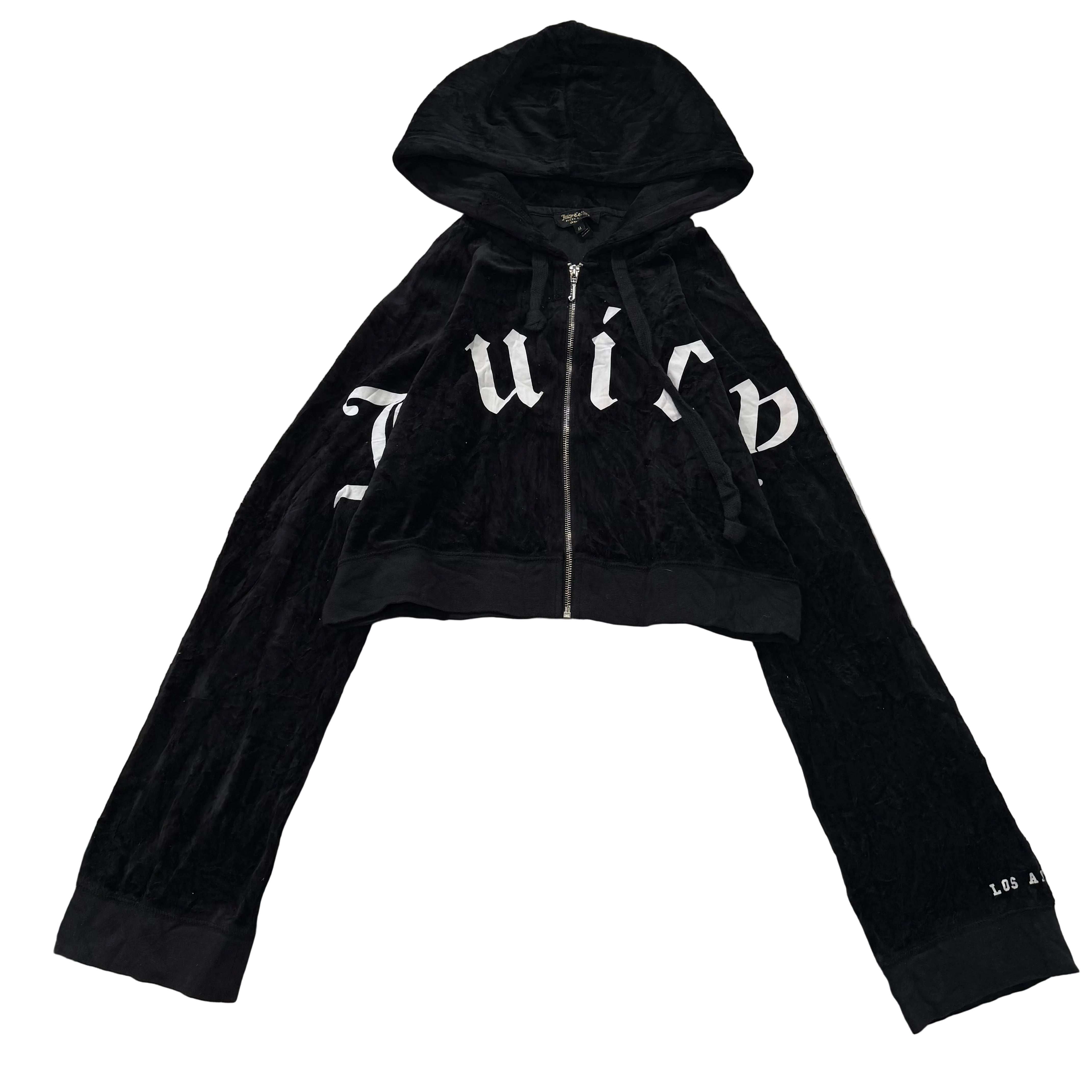 Juicy Couture Women's Jet Black Velour Zip-Up Cropped Hoodie Long Sleeve Size M-Coordom